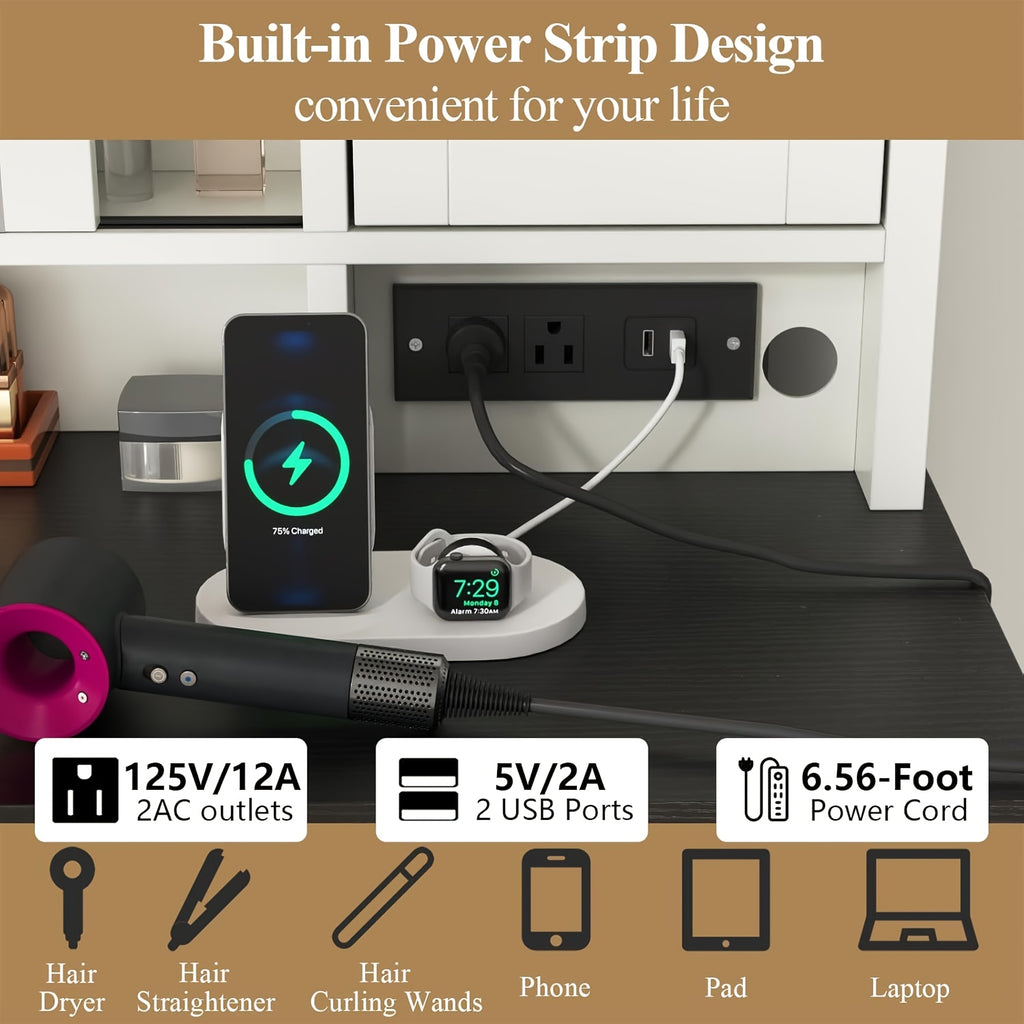 Modern Farmhouse White Makeup Vanity with Lighted Mirror & Charging Station, Adjustable Shelves & Drawers, Glass & Wood Construction, 3.2 Cu Ft Storage, 27\