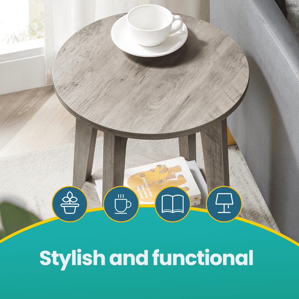 Pet-Friendly Modern Round End Table with Storage Shelf - Space-Saving Nightstand with Lower Open Shelf