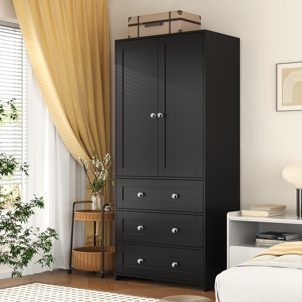 Modern Classic White Two-Door Wardrobe with Mirror, Drawers & Partitions - Hardwood MDF Freestanding Bedroom Armoire, Large Storage Cabinet with Clothes Rail, 3.2+ Cubic Feet, 27\