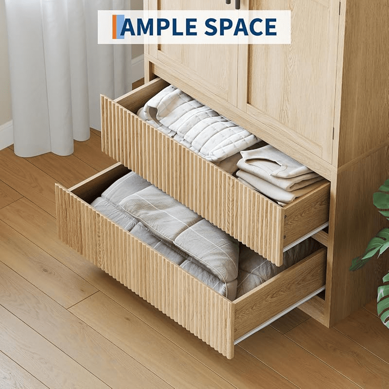 Bedroom Armoire Wardrobe Closet, Wardrobe Armoire Cabinet with Doors and 2 Drawers, Freestanding Armoire with ShelvesHanging Rod for Bedroom, Living Room, Clothes, Natural