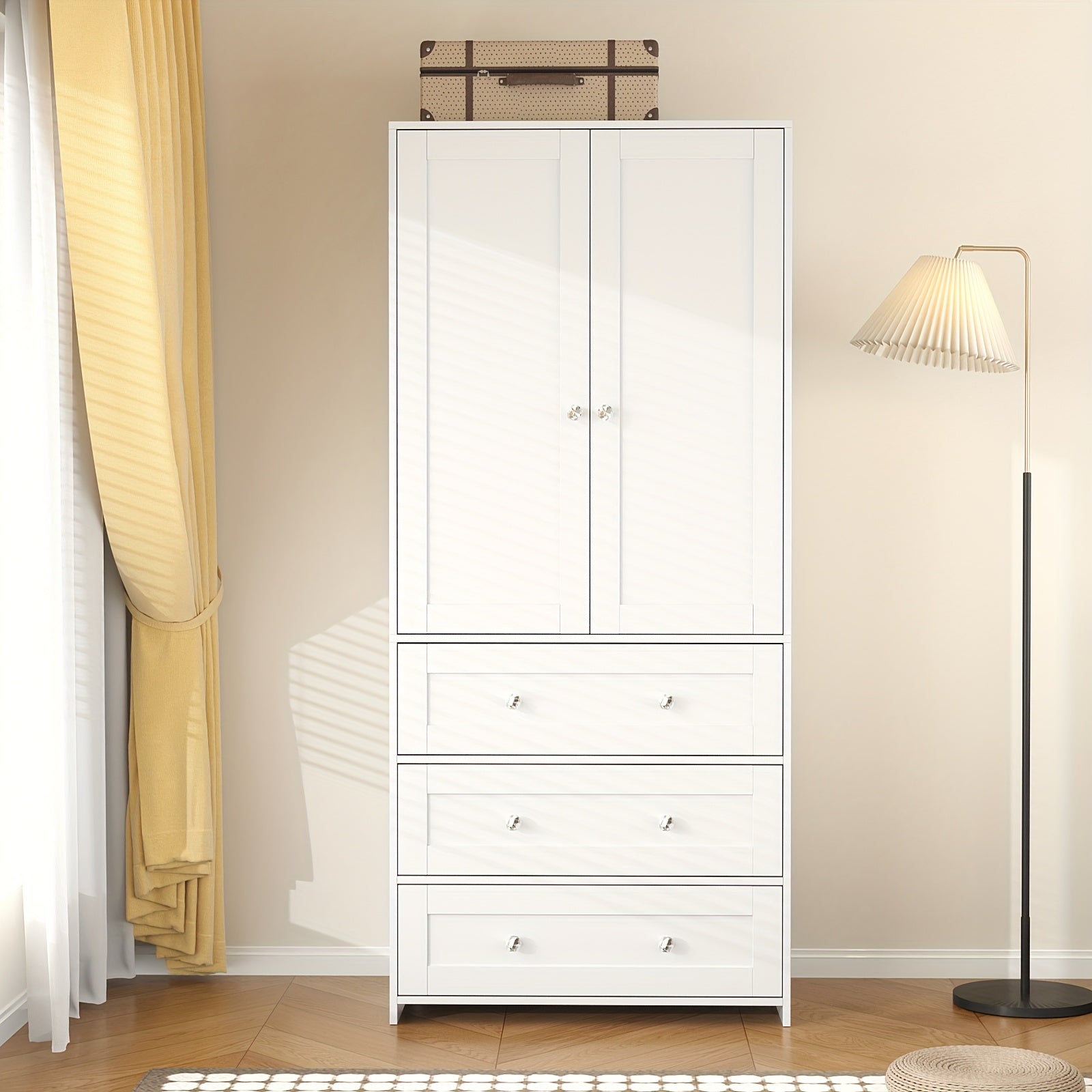 Modern Classic White Two-Door Wardrobe with Mirror, Drawers & Partitions - Hardwood MDF Freestanding Bedroom Armoire, Large Storage Cabinet with Clothes Rail, 3.2+ Cubic Feet, 27\