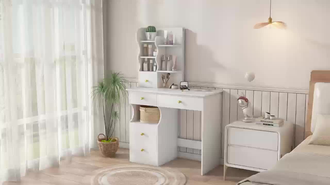 White Dressing Table, Mirror And LED Light, 5-drawer Dressing Table, Movable And Hidden Mirror, 3-color Mode Touch Screen, Storage Organizer For Women'S And Girls' Bedrooms