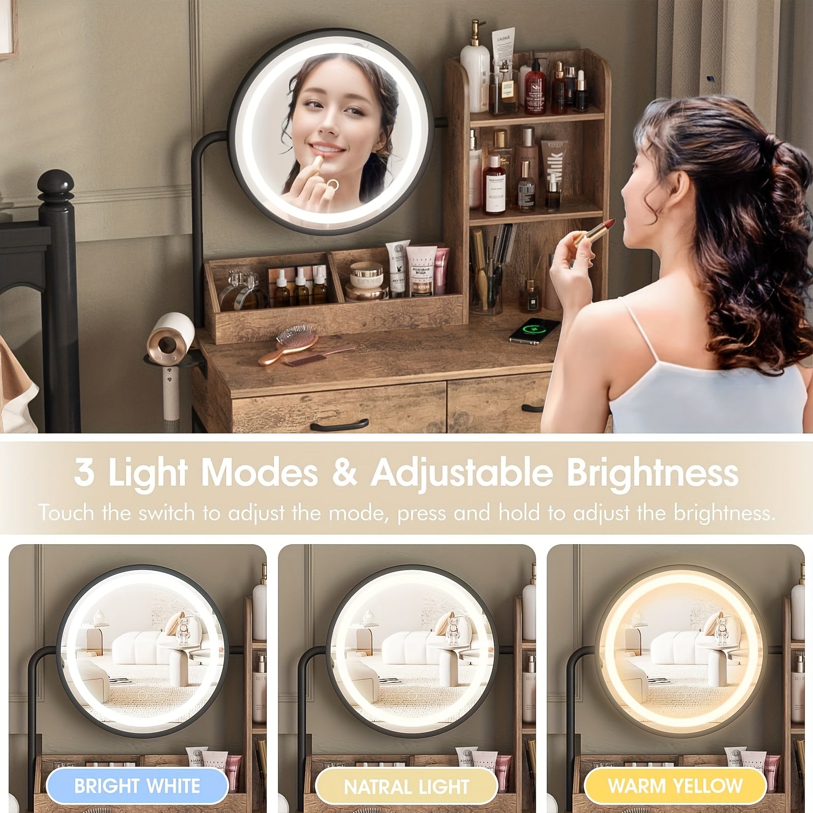 Vanity Desk Set With Mirror 2 Drawer Makeup Table & Velvet Stool | Vanity Desk Set With Oval Mirror, Small Space Bedroom Furniture