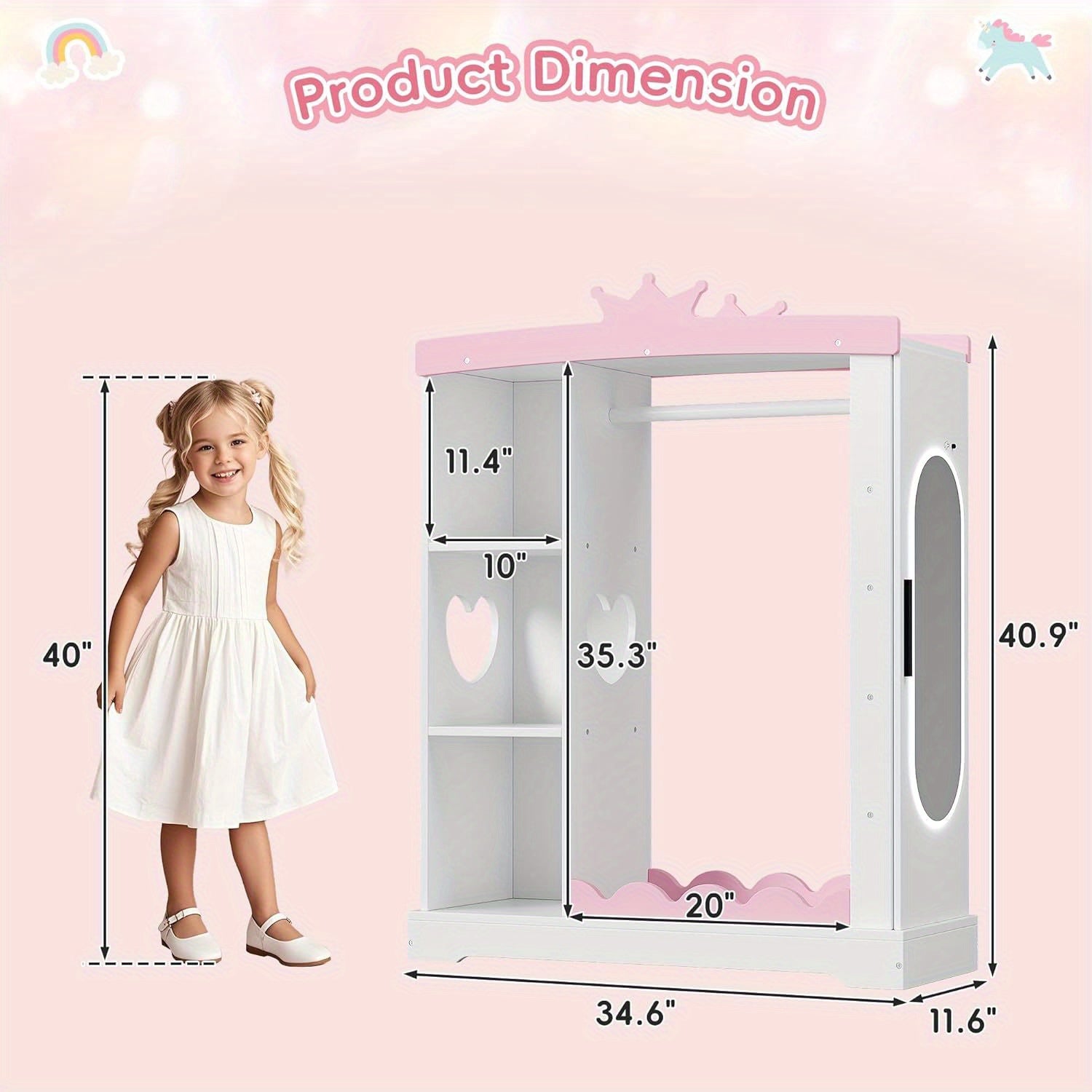 Kids Armoire with Jewelry Cabinet, Dress up Storage with Mirror and Shelves, Princess Dress Closet and Costumes Wardrobe Closet, Costume Organizer for Bedroom, Kids Room, Girls