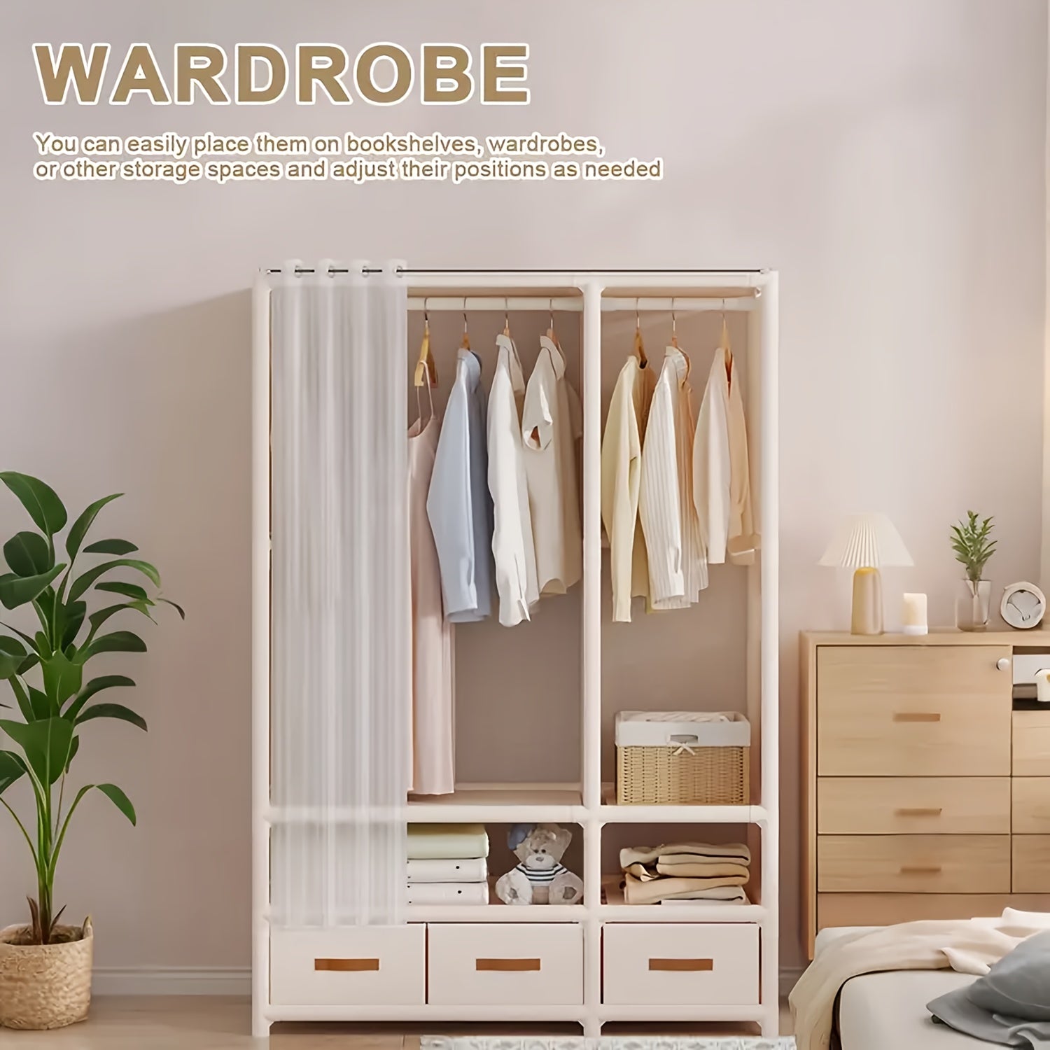 1pc 65.2in*43.3in*17.7in Portable Wardrobe, Minimalist Wardrobe, Wardrobe with Drawers, Foldable Portable Wardrobe with Hanging Rod, 19mm Thickened Steel Pipe, Stable, Multi-Row Simple Wardrobe, Portabke Closet White