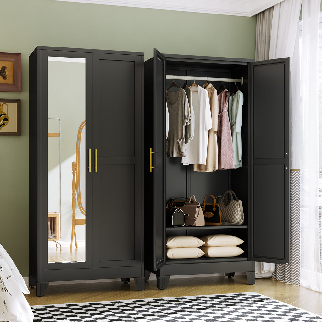 70.86in High Mirror Door Wardrobe With Adjustable Shelves And Hanging Clothes Storage Cabinets, Suitable For Bedrooms, Laundry Rooms, And Lobbies