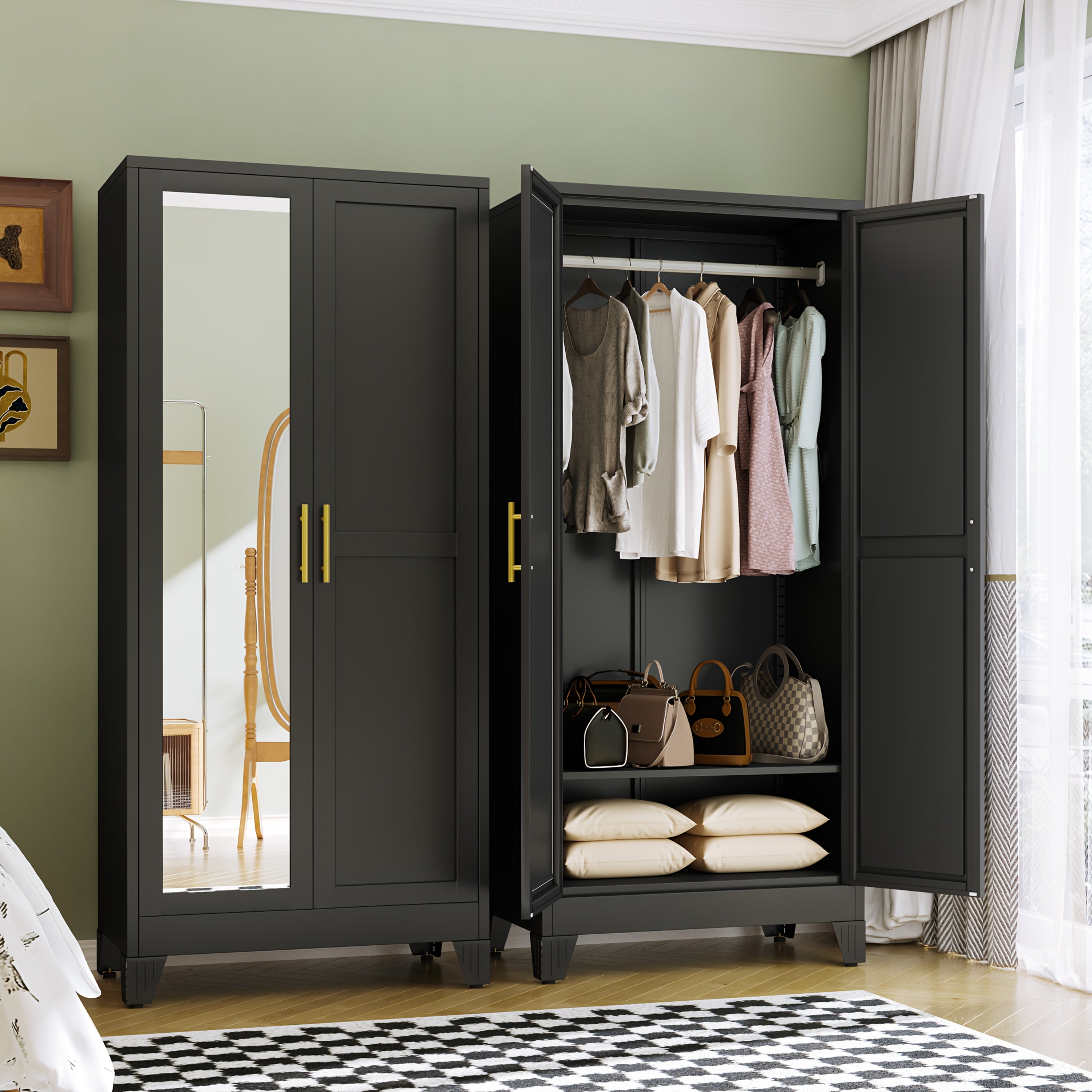 70.86in High Mirror Door Wardrobe With Adjustable Shelves And Hanging Clothes Storage Cabinets, Suitable For Bedrooms, Laundry Rooms, And Lobbies