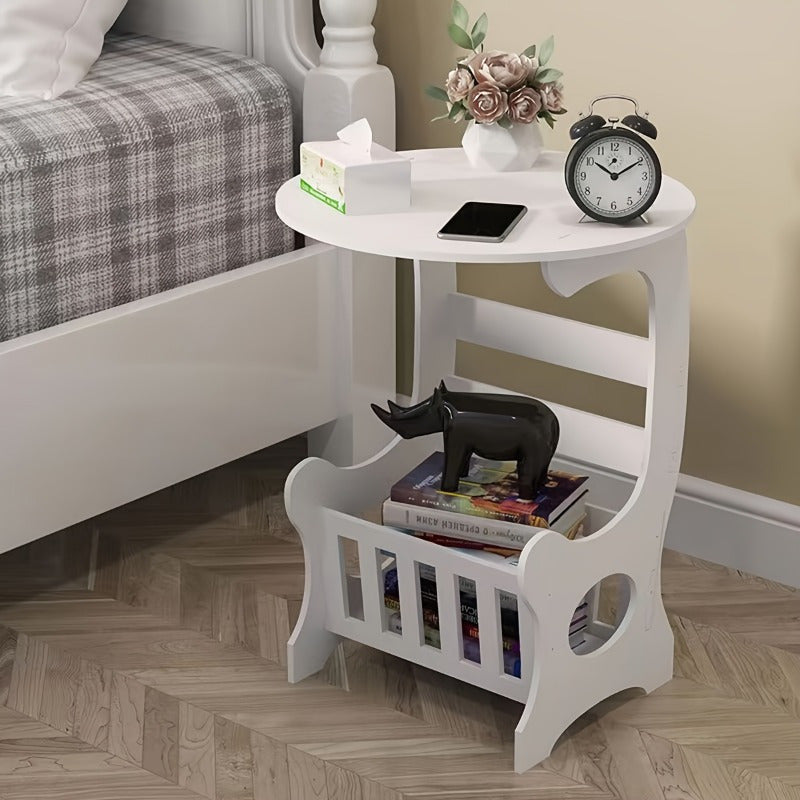 White Round Minimalist Bedside Table with Magazine Rack, Space-Saving Home Design