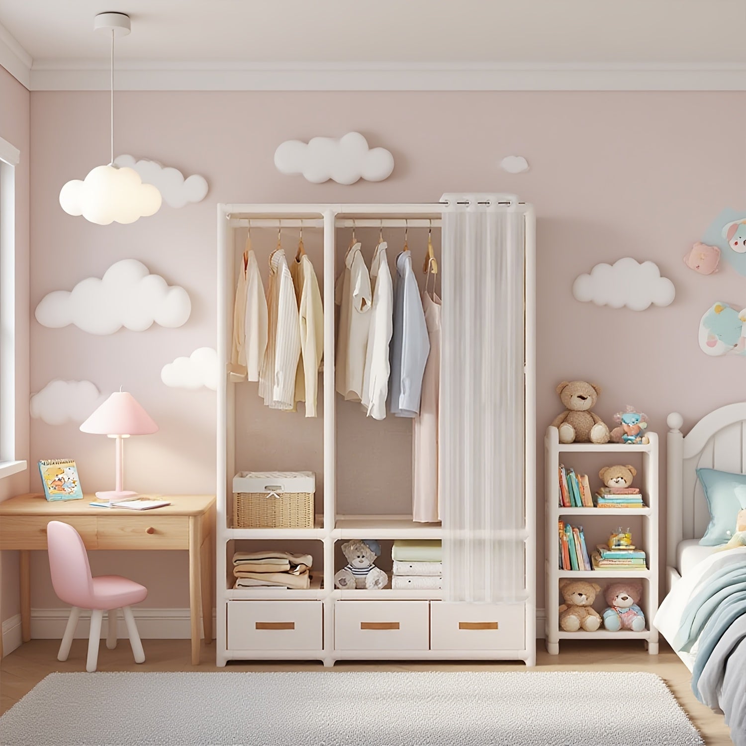 1pc 65.2in*43.3in*17.7in Portable Wardrobe, Minimalist Wardrobe, Wardrobe with Drawers, Foldable Portable Wardrobe with Hanging Rod, 19mm Thickened Steel Pipe, Stable, Multi-Row Simple Wardrobe, Portabke Closet White