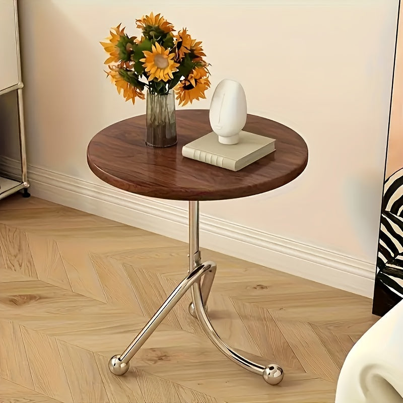 Stainless Steel Small Round Living Room Table, Vintage Style Bedside Desk with Unique Bracket Design for Solid Structure