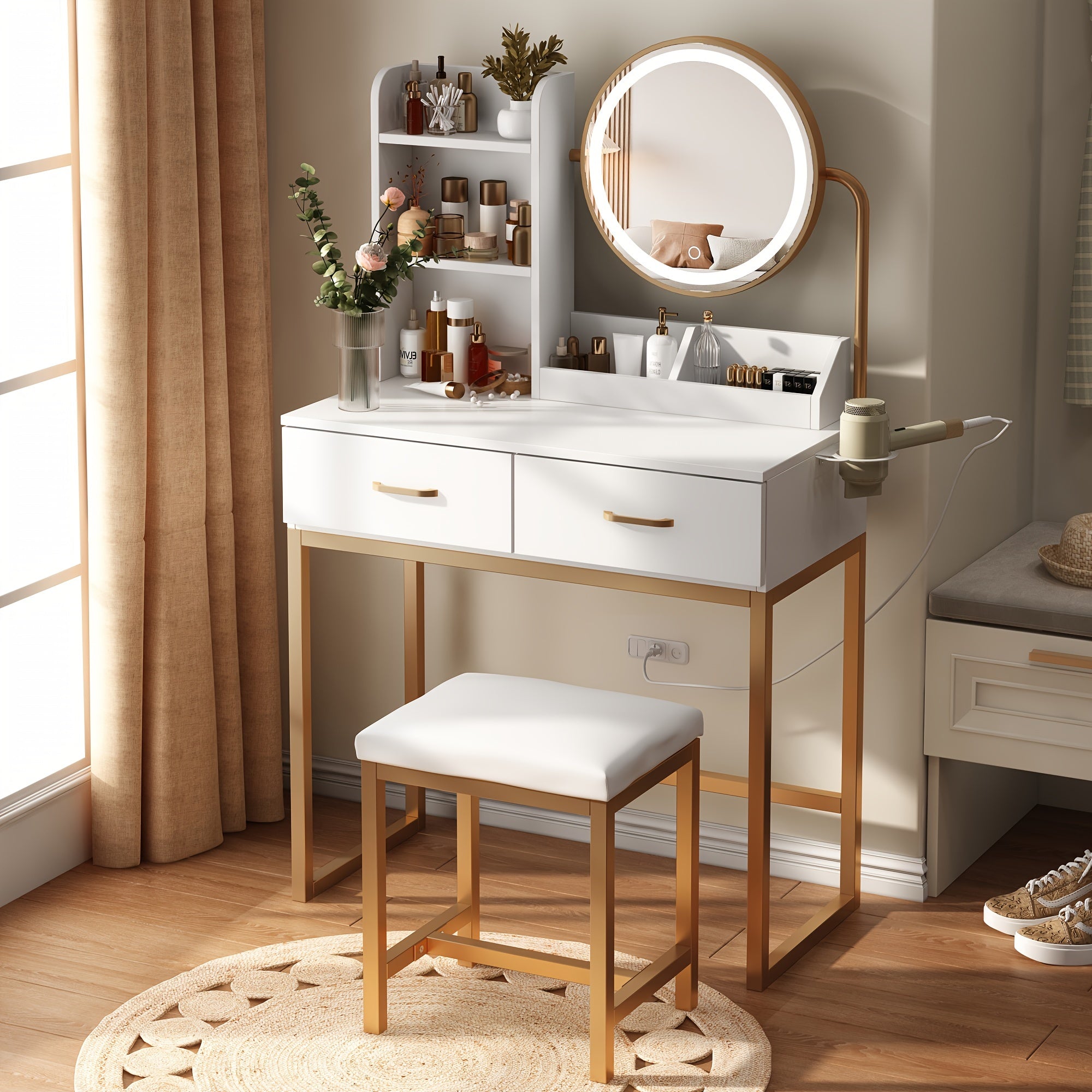 Vanity Desk with Mirror And Lights, Makeup Vanity Table Set with Storage Stool & Charging Station, Glass Tabletop And RGB Cabinets, Dressing Table with Jewellery Organizer Drawers for Bedroom