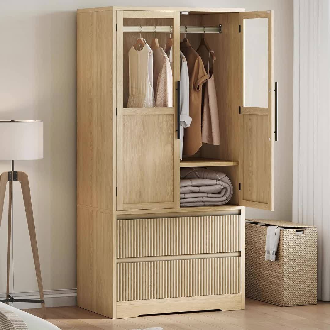 Bedroom Armoire Wardrobe Closet, Wardrobe Armoire Cabinet with Doors and 2 Drawers, Freestanding Armoire with ShelvesHanging Rod for Bedroom, Living Room, Clothes, Natural