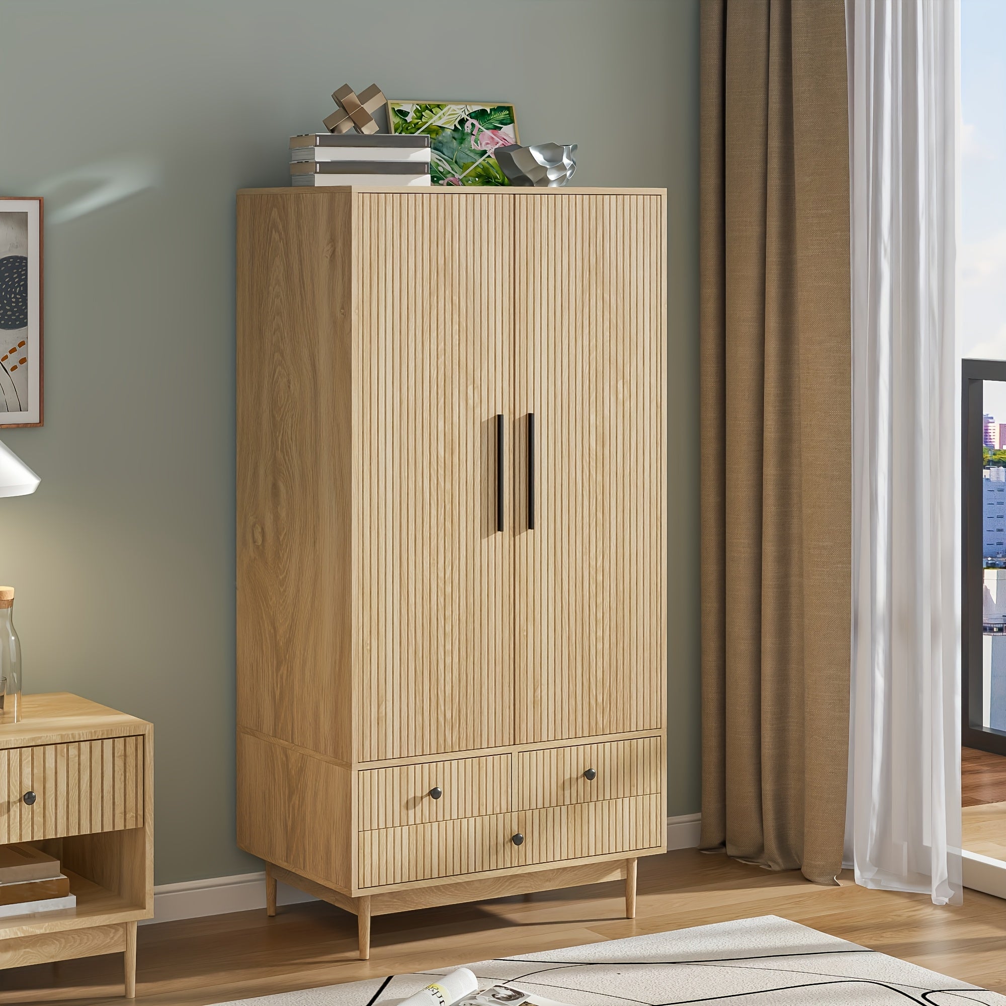 JEJEGORICH Armoire Wardrobe Closet, Freestanding Closet Organizer with Drawers with 2 Fluted Doors, Wardrobe Cabinet with Shelves And Hanging Rod