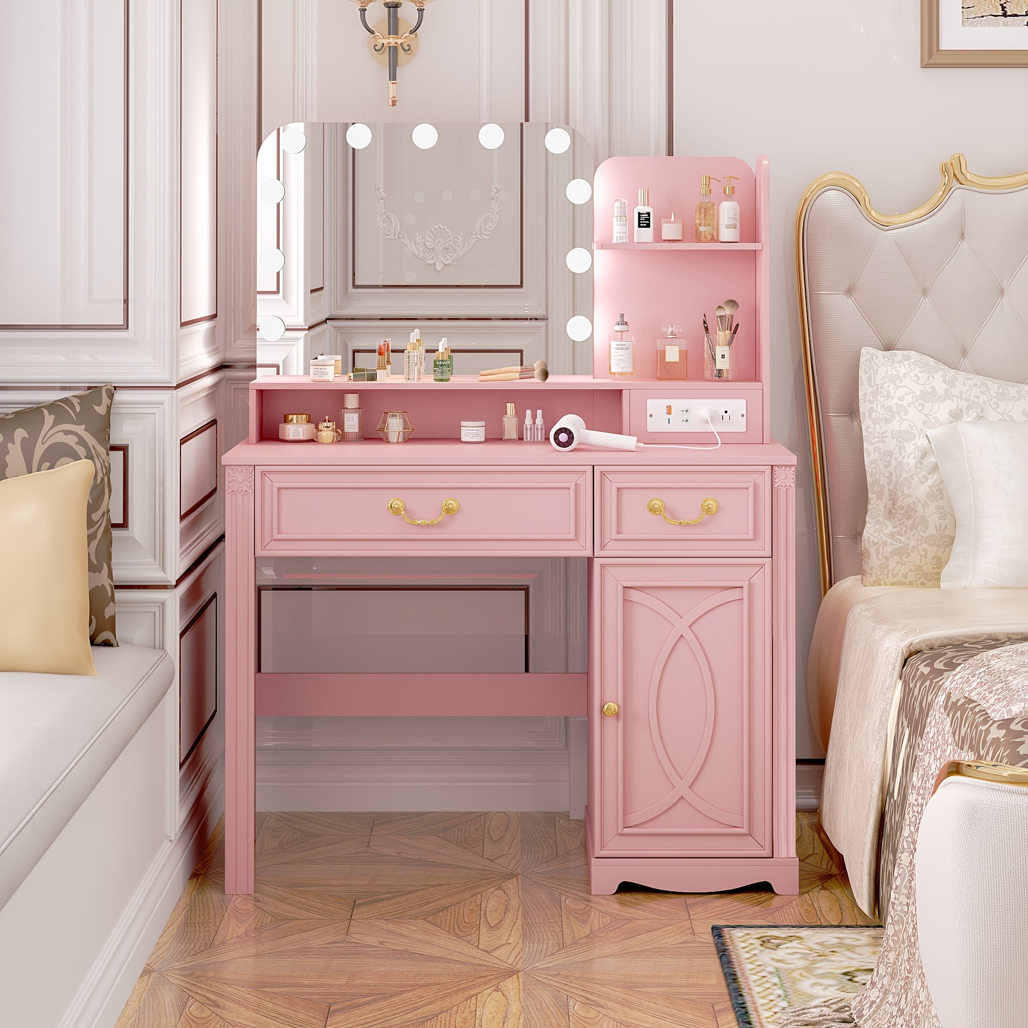 HWB Makeup Vanity Desk With LED Lighting Mirror And Power Socket, Girls Vanity With 3 Color Modes And Adjustable Brightness, Small Vanity With 2 Drawers And Cabinets For Bedroom