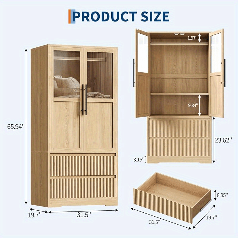 Bedroom Armoire Wardrobe Closet, Wardrobe Armoire Cabinet with Doors and 2 Drawers, Freestanding Armoire with ShelvesHanging Rod for Bedroom, Living Room, Clothes, Natural