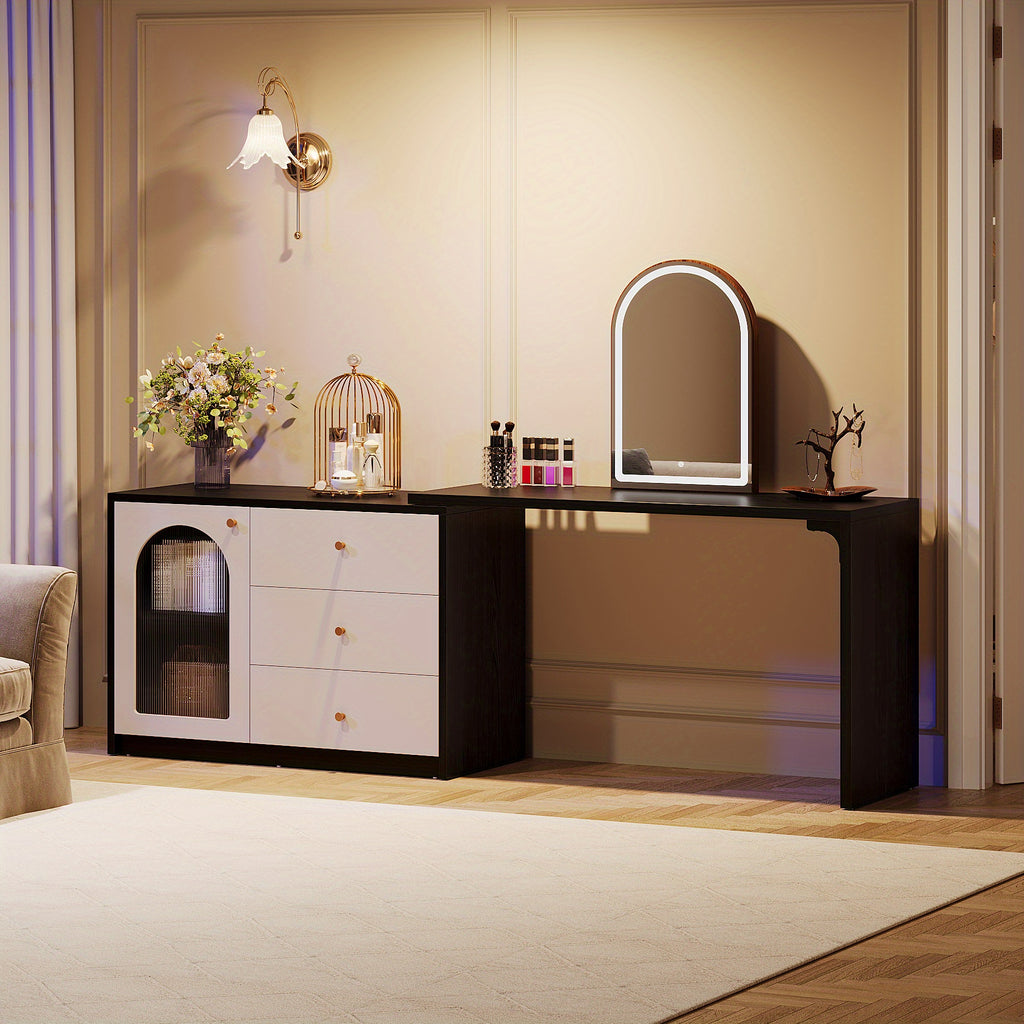 BYBLIGHT Modern Makeup Vanity with Retractable Large Desk, 3 Drawers & Cabinet, 27\
