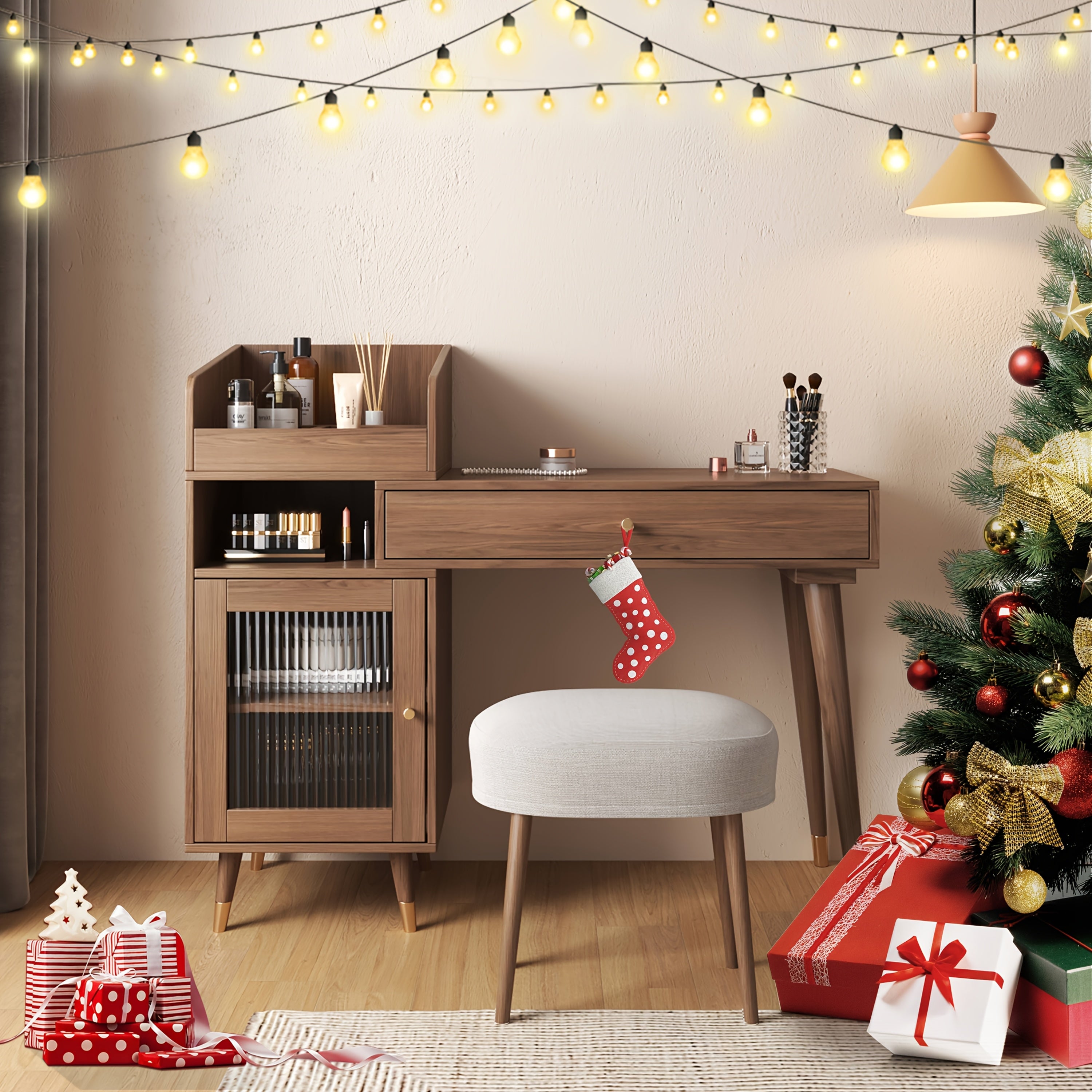 1pc Modern Rustic Style Makeup Vanity Desk with Storage Drawers & Cabinet - Stretchable, Left or Right Installation, Walnut\u002FBlack Wood - Ideal for Bedroom & Makeup Room Decor