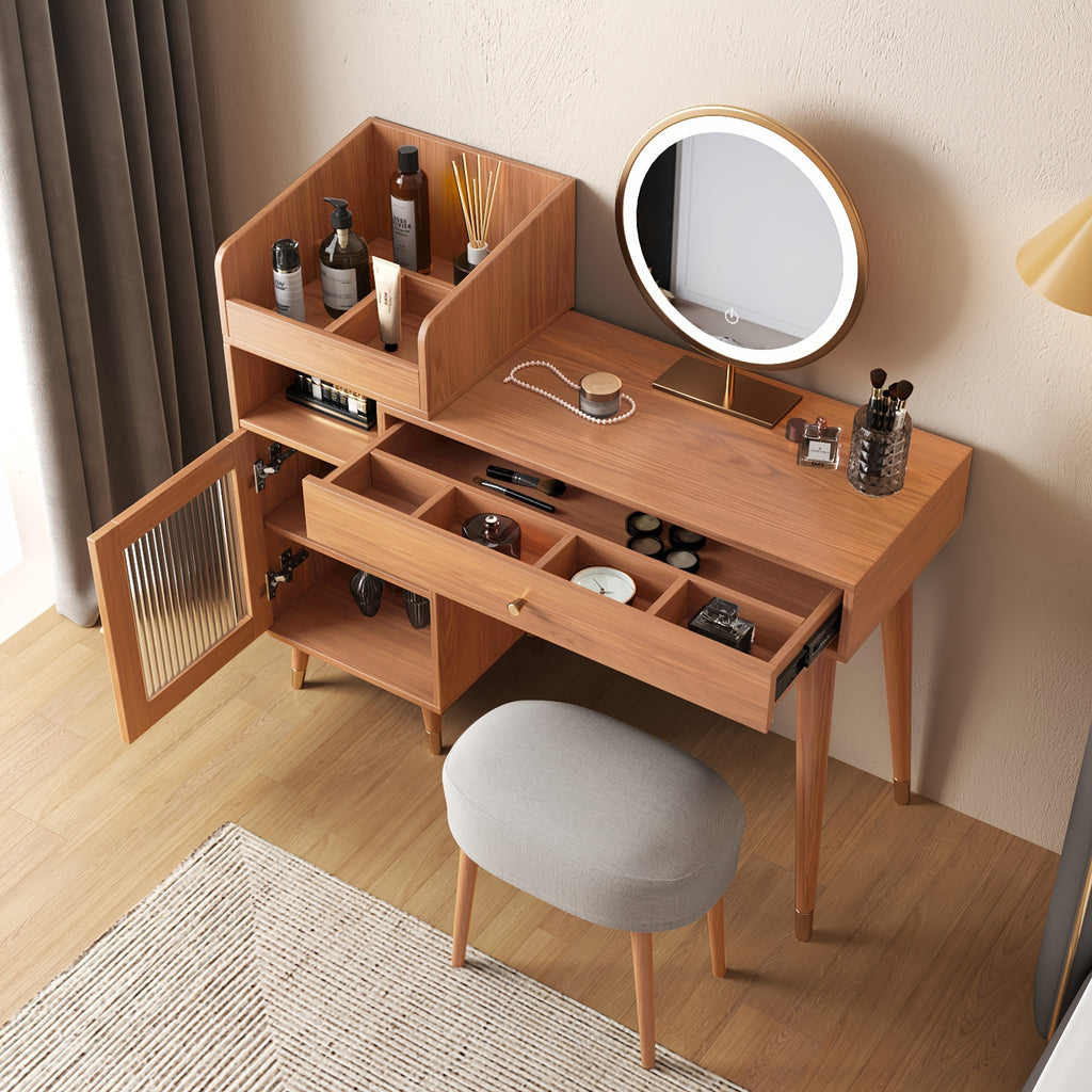 1pc Modern Rustic Style Makeup Vanity Desk with Storage Drawers & Cabinet - Stretchable, Left or Right Installation, Walnut\u002FBlack Wood - Ideal for Bedroom & Makeup Room Decor