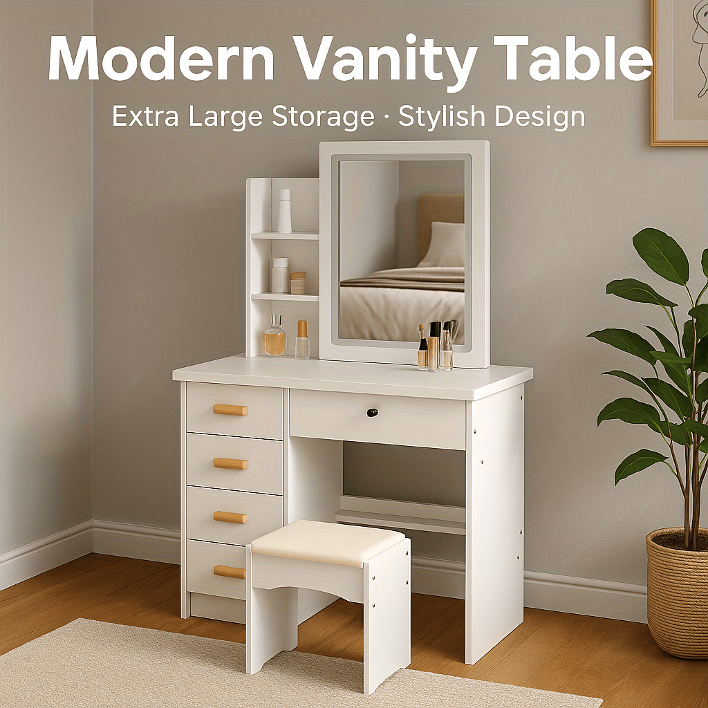 Modern White Makeup Dressing Table with Drawers & Organizer Storage Rack - Contemporary Bedroom Vanity Set, 27\