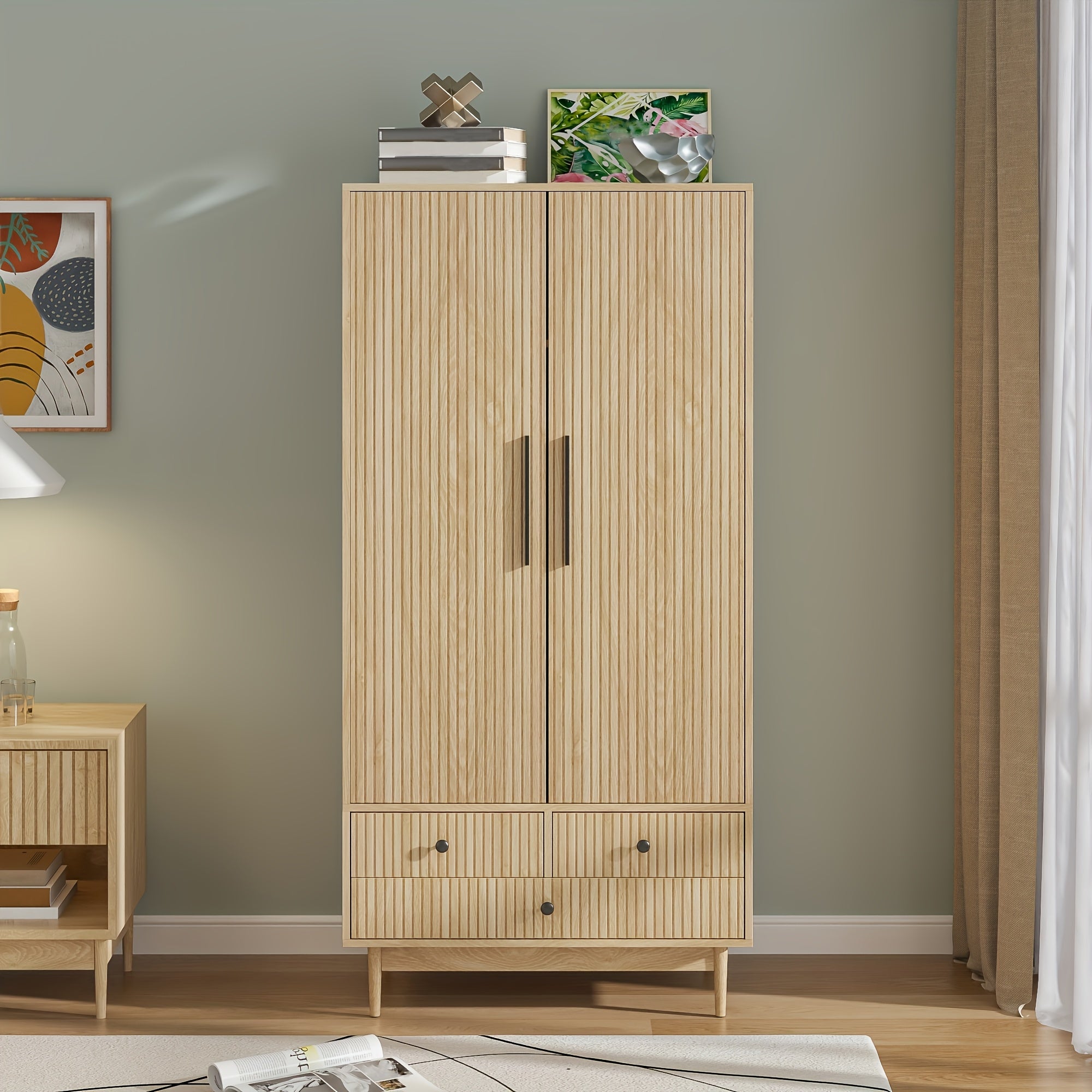 JEJEGORICH Armoire Wardrobe Closet, Freestanding Closet Organizer with Drawers with 2 Fluted Doors, Wardrobe Cabinet with Shelves And Hanging Rod
