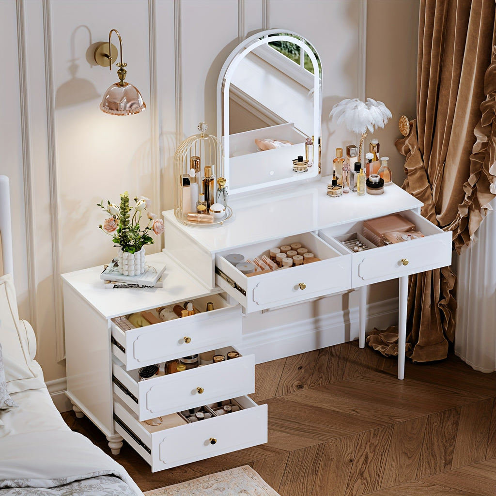 Vanity Desk With Mirror And Lights, Makeup Vanity With Adjustable Cabinet, Modern Makeup Table With 3 Drawers For Bedroom Makeup Room, Writing Desk White