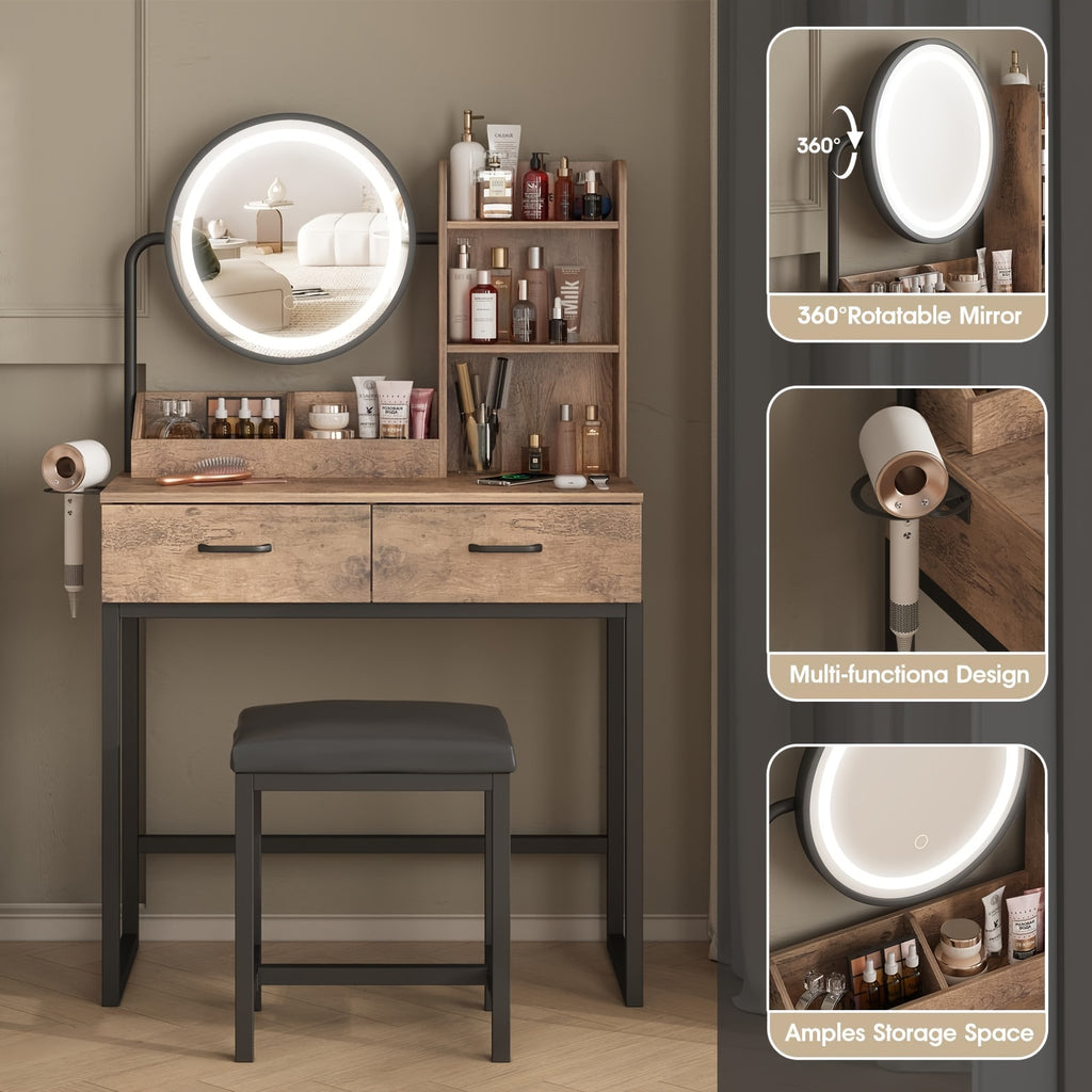 Vanity Desk Set With Mirror 2 Drawer Makeup Table & Velvet Stool | Vanity Desk Set With Oval Mirror, Small Space Bedroom Furniture