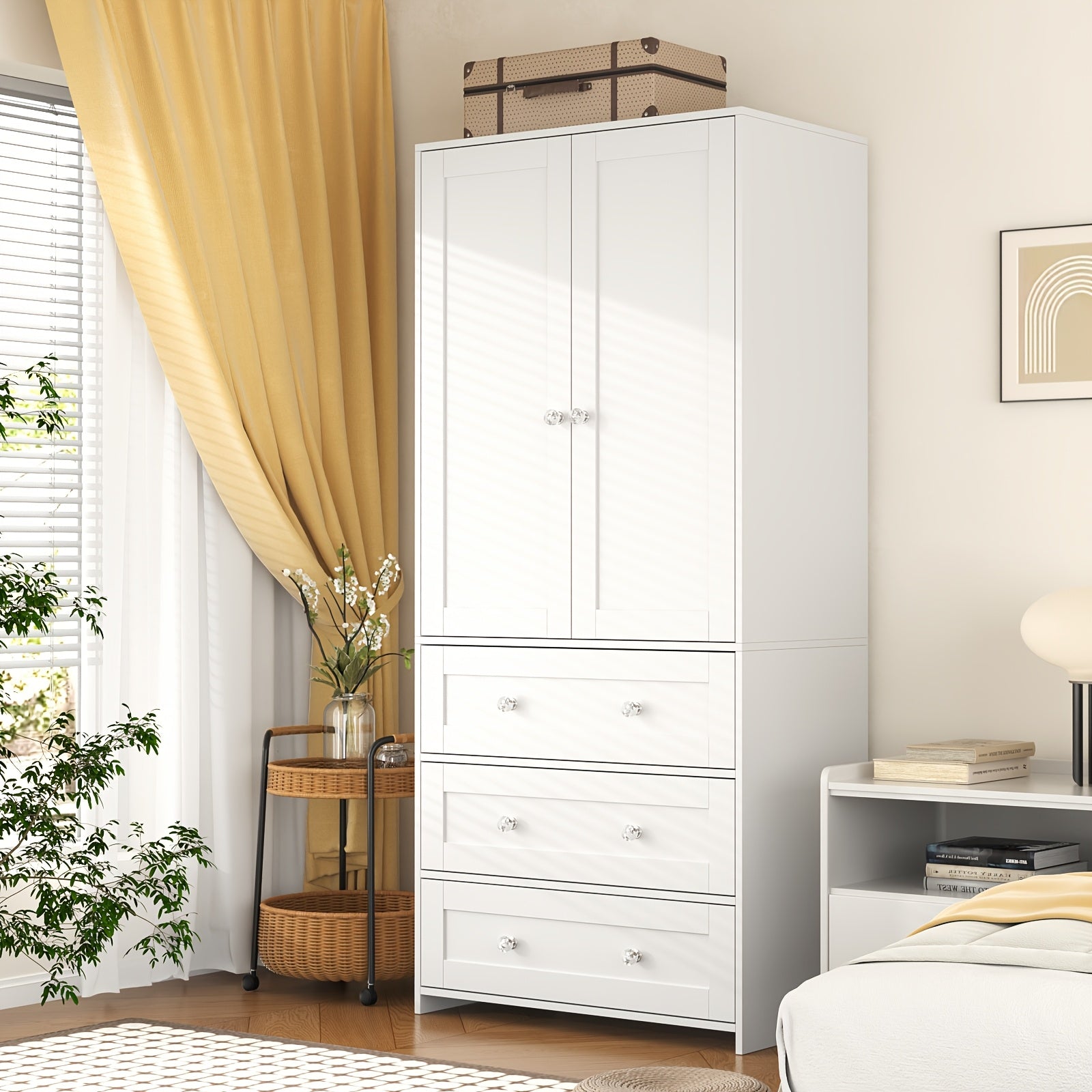 Modern Classic White Two-Door Wardrobe with Mirror, Drawers & Partitions - Hardwood MDF Freestanding Bedroom Armoire, Large Storage Cabinet with Clothes Rail, 3.2+ Cubic Feet, 27\