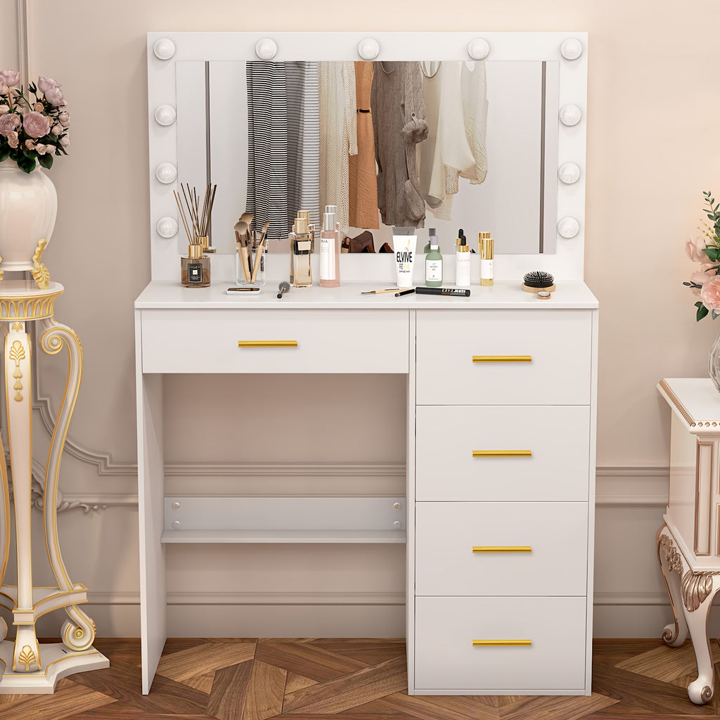31.5inch White Vanity Table Makeup Dressing Desk with Large HD Lighted Mirror, 5 Drawers, Adjust Modes & Dimmable, Dressing Table with LED Mirror for Girls Bedroom Furniture