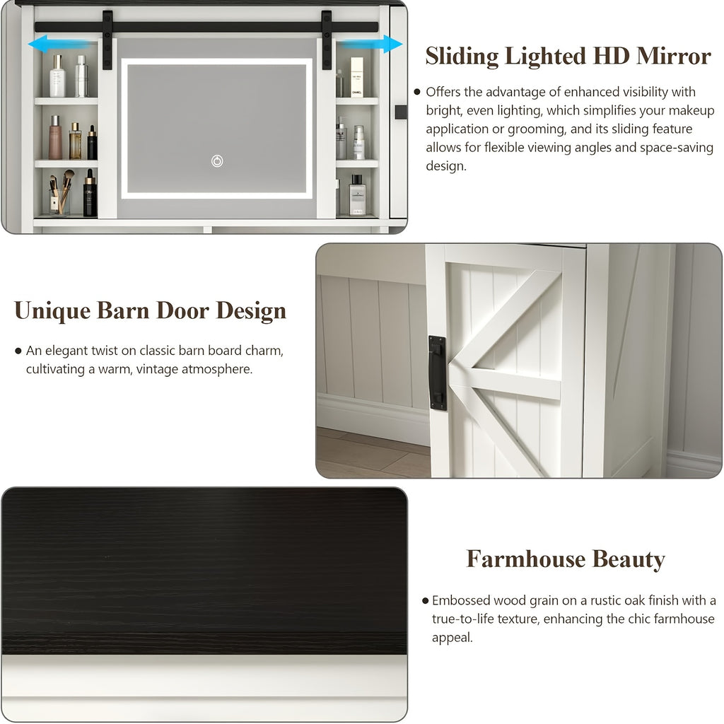 Modern Farmhouse White Makeup Vanity with Lighted Mirror & Charging Station, Adjustable Shelves & Drawers, Glass & Wood Construction, 3.2 Cu Ft Storage, 27\