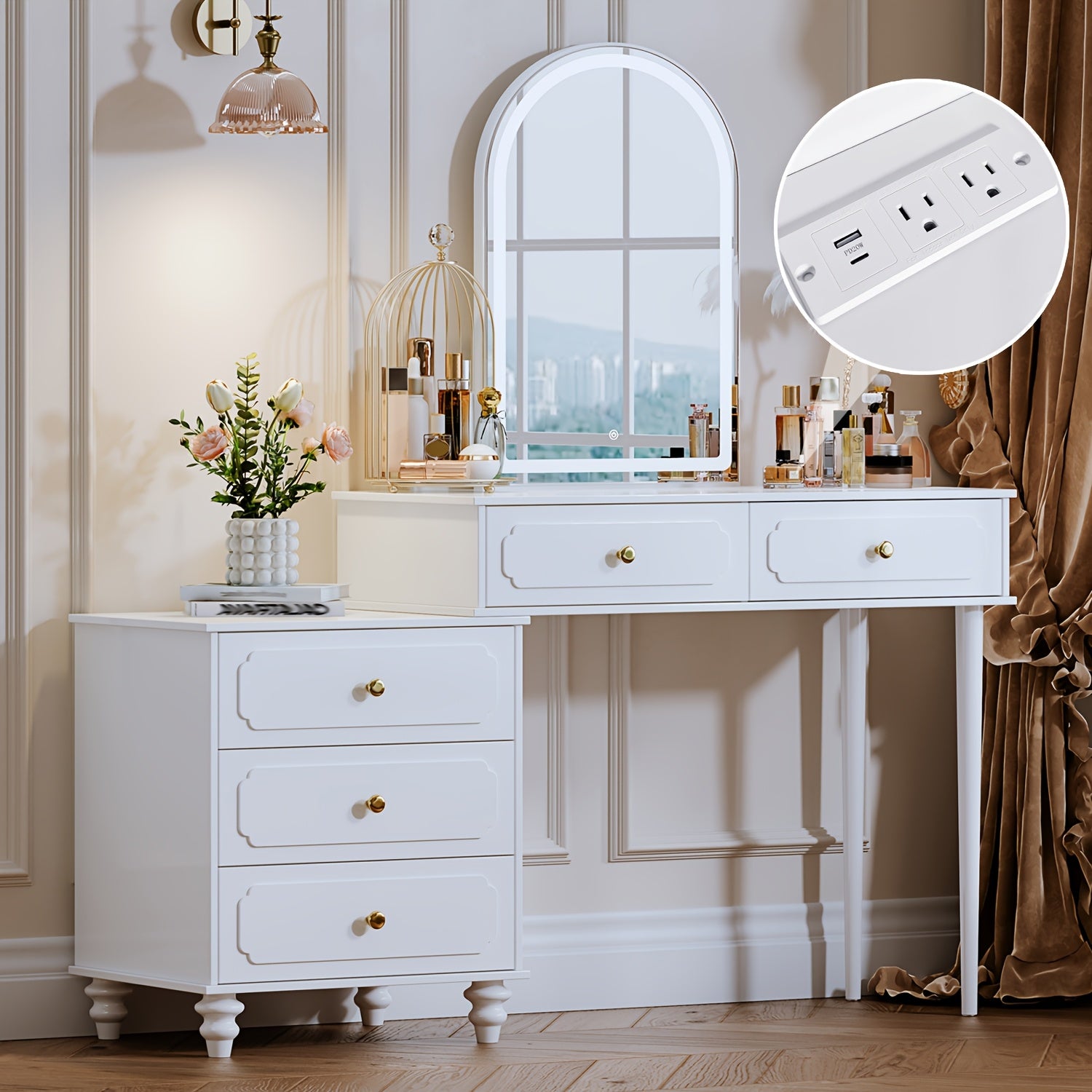 Vanity Desk With Mirror And Lights, Makeup Vanity With Adjustable Cabinet, Modern Makeup Table With 3 Drawers For Bedroom Makeup Room, Writing Desk White