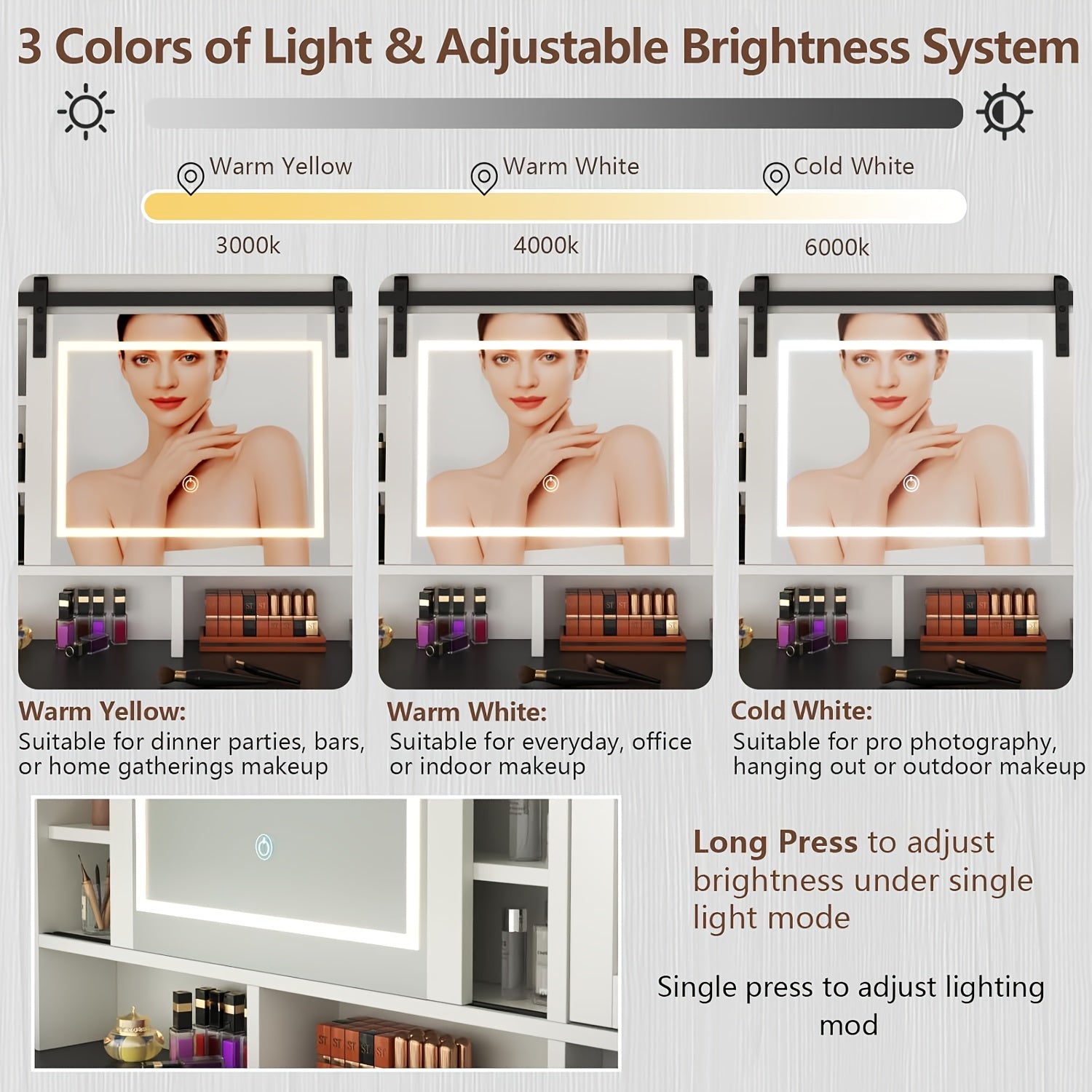 Modern Farmhouse White Makeup Vanity with Lighted Mirror & Charging Station, Adjustable Shelves & Drawers, Glass & Wood Construction, 3.2 Cu Ft Storage, 27\