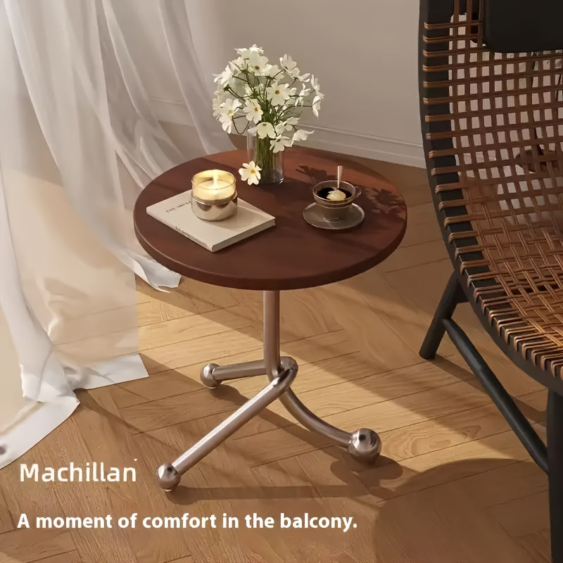 Stainless Steel Small Round Living Room Table, Vintage Style Bedside Desk with Unique Bracket Design for Solid Structure