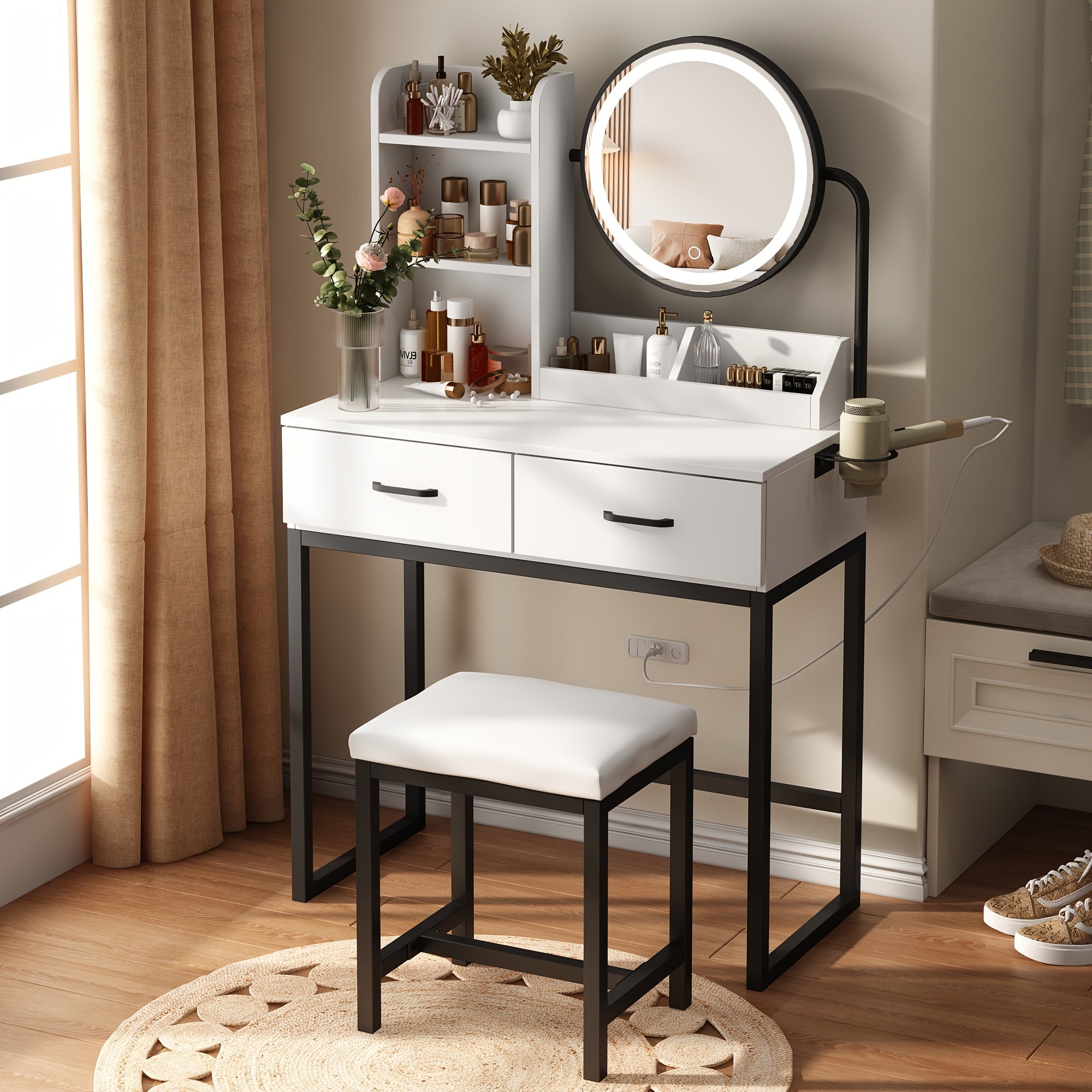 Vanity Desk with Mirror And Lights, Makeup Vanity Table Set with Storage Stool & Charging Station, Glass Tabletop And RGB Cabinets, Dressing Table with Jewellery Organizer Drawers for Bedroom