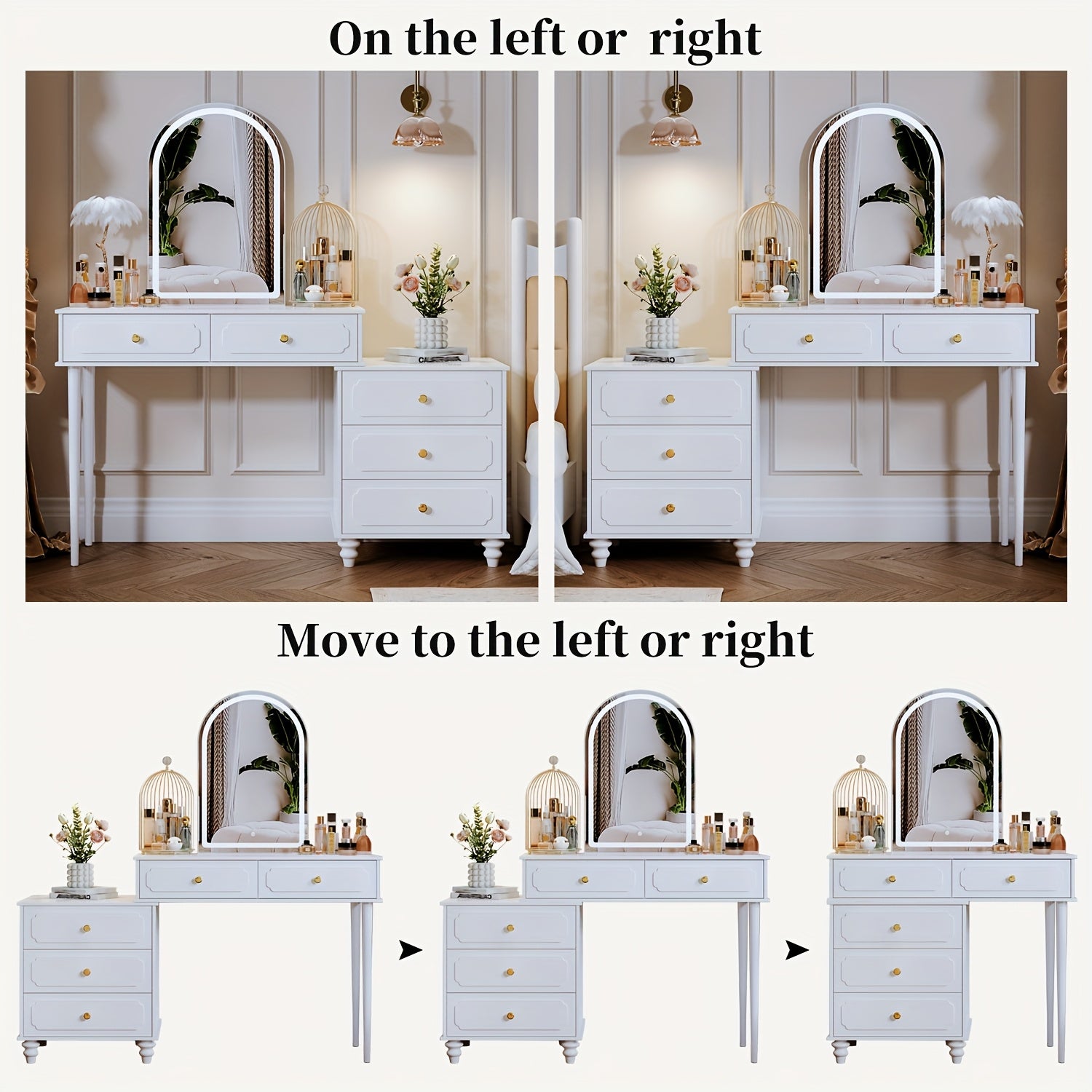 Vanity Desk With Mirror And Lights, Makeup Vanity With Adjustable Cabinet, Modern Makeup Table With 3 Drawers For Bedroom Makeup Room, Writing Desk White