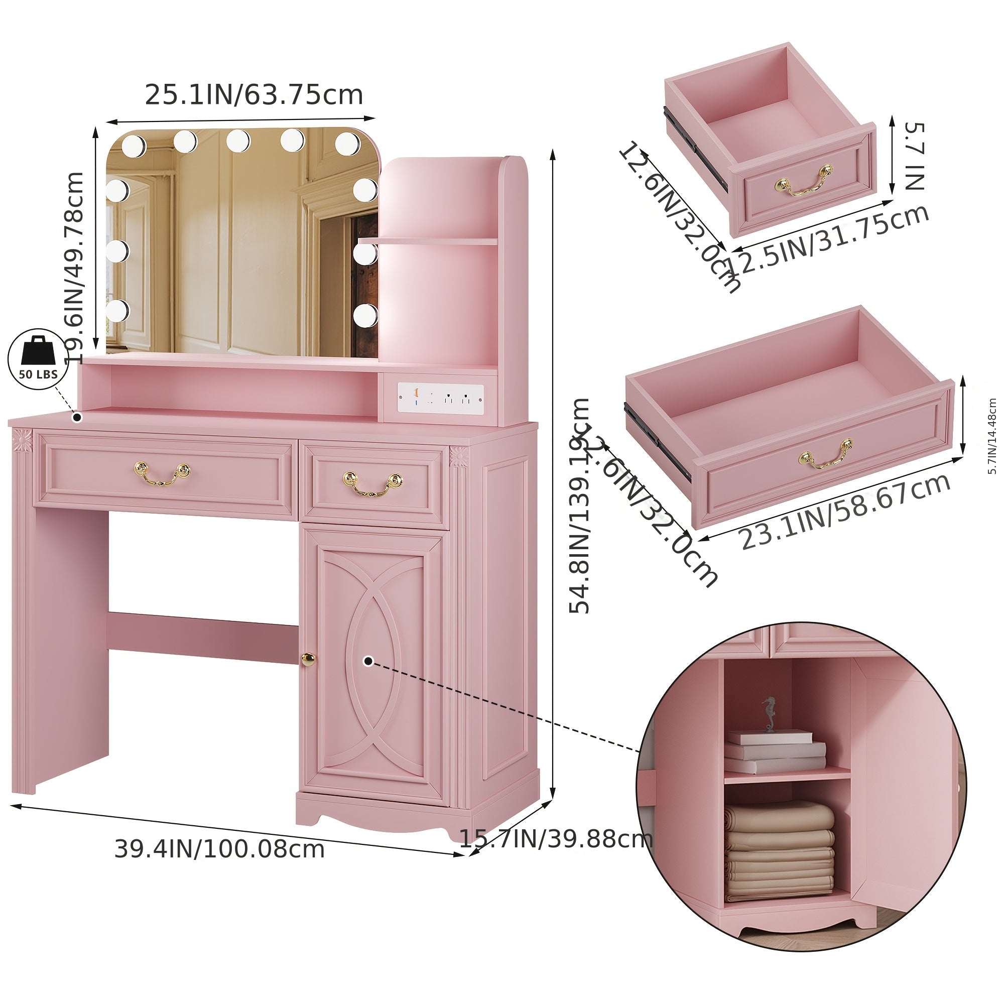 HWB Makeup Vanity Desk With LED Lighting Mirror And Power Socket, Girls Vanity With 3 Color Modes And Adjustable Brightness, Small Vanity With 2 Drawers And Cabinets For Bedroom