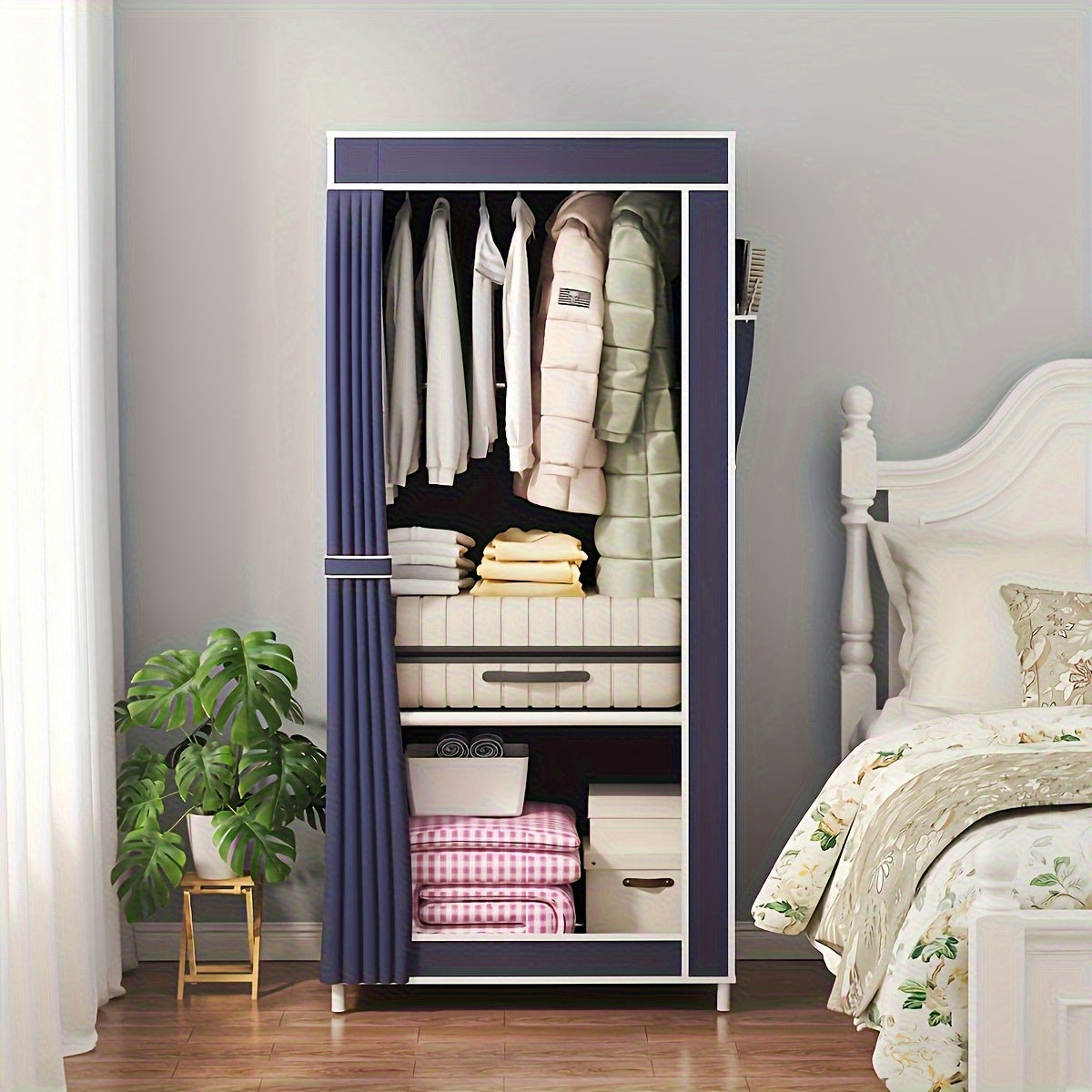 1pc Easy Assembly Freestanding Wardrobe with Hanging Rails - Durable Non-Woven Fabric, Metal Frame, 27\