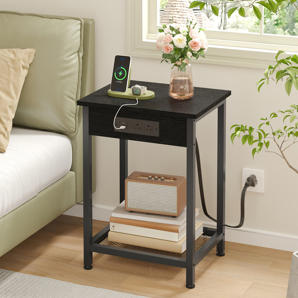 USB Side Table TOMNK 2-Tier 21.6in Side Table with USB Port and Power Outlet
