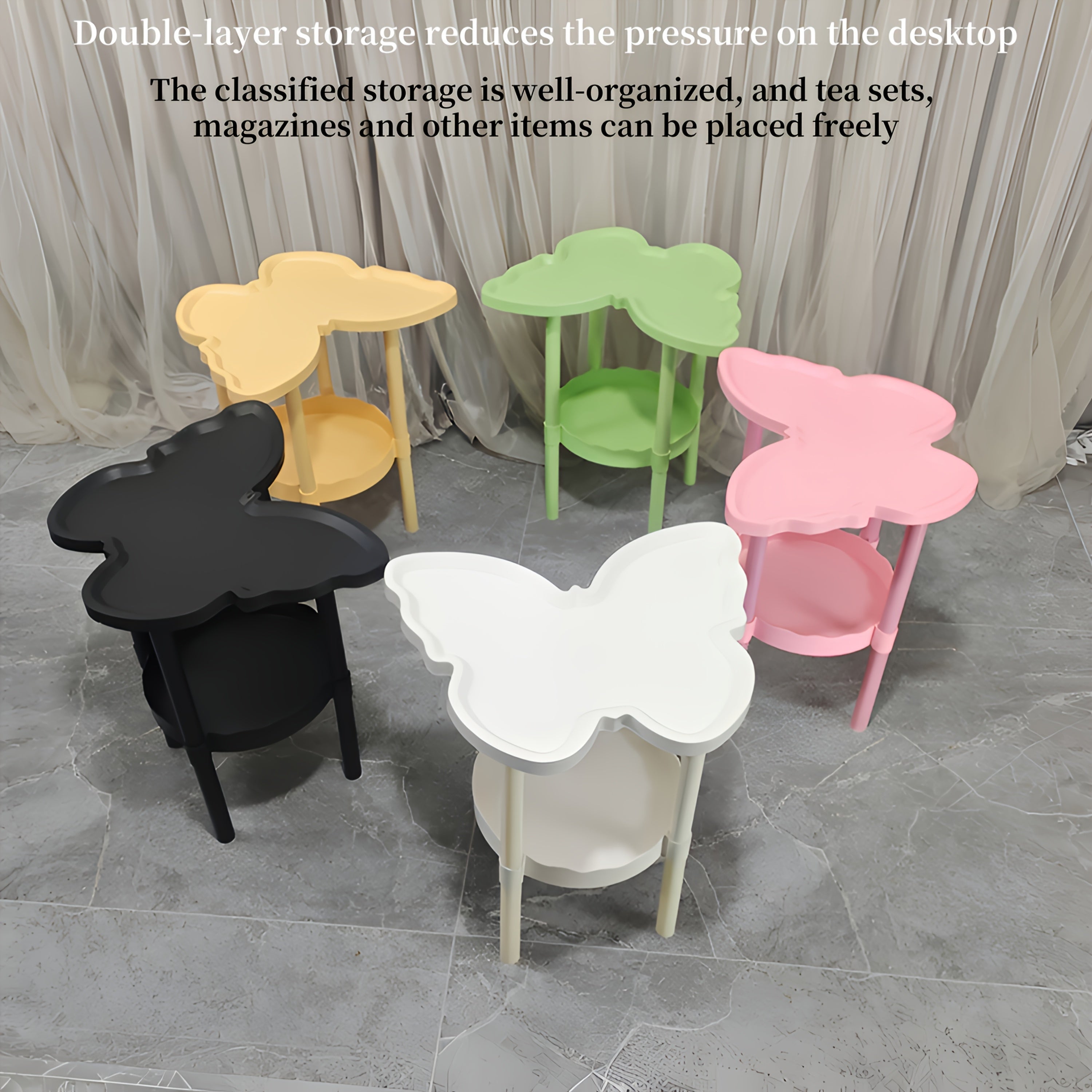 Modern Butterfly Side Table - Elegant White Coffee Table with Double-Layer Storage Shelf