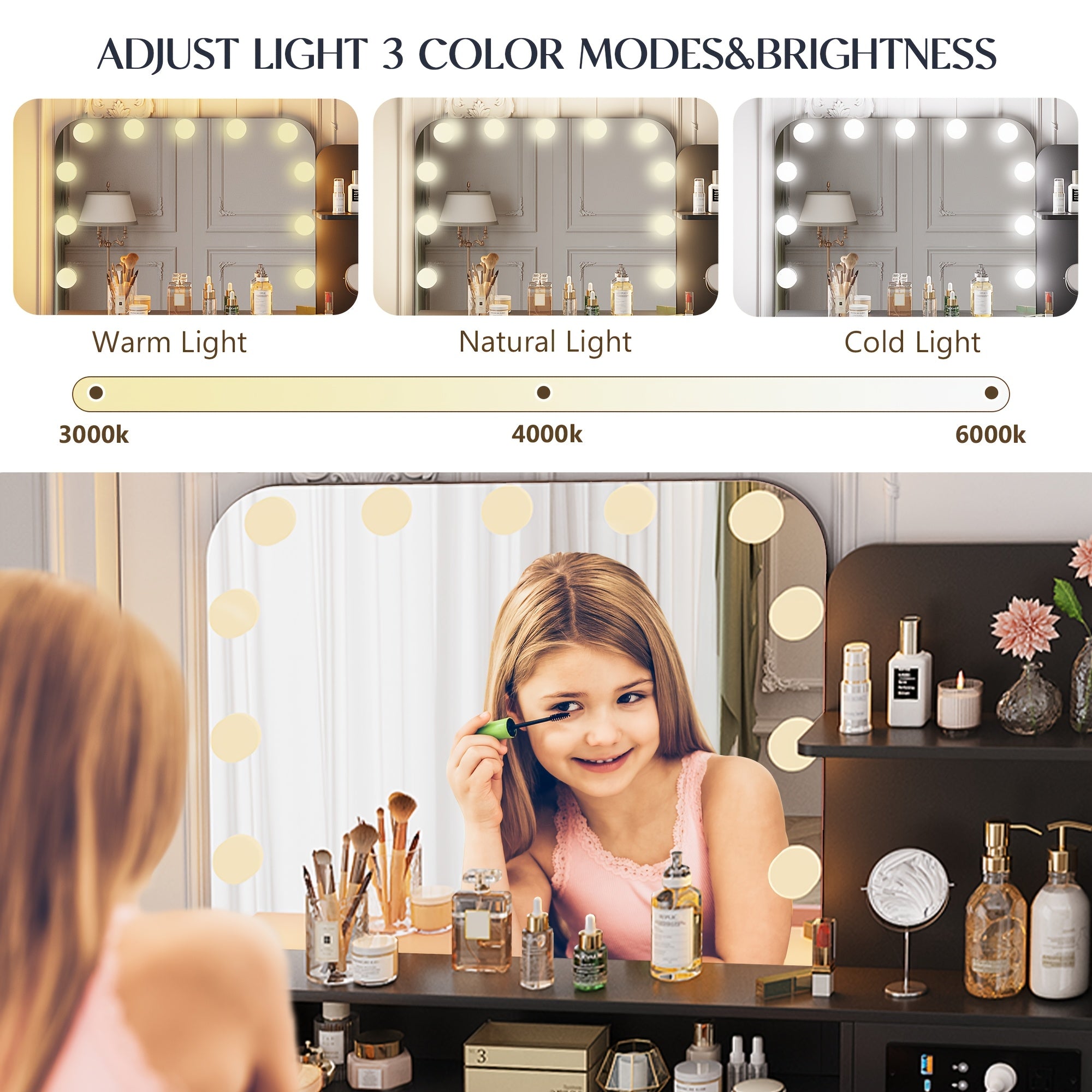 HWB Makeup Vanity Desk With LED Lighting Mirror And Power Socket, Girls Vanity With 3 Color Modes And Adjustable Brightness, Small Vanity With 2 Drawers And Cabinets For Bedroom