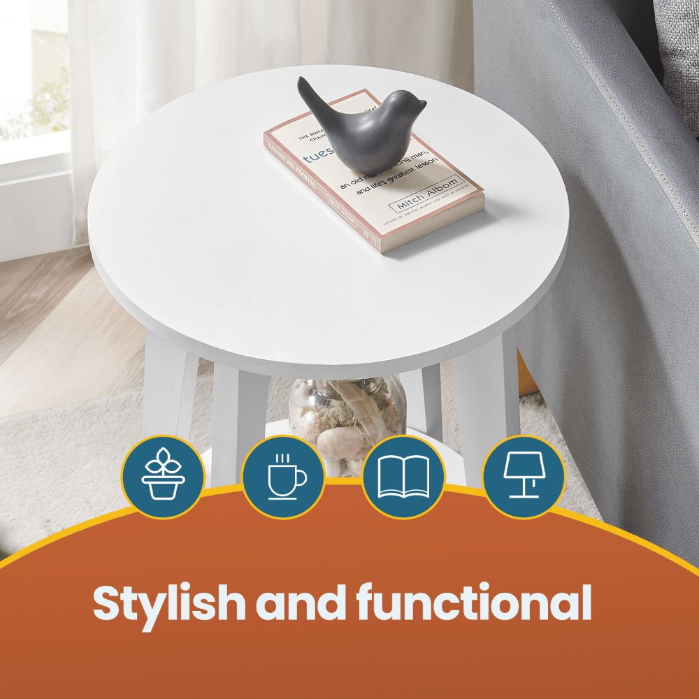 Pet-Friendly Modern Round End Table with Storage Shelf - Space-Saving Nightstand with Lower Open Shelf