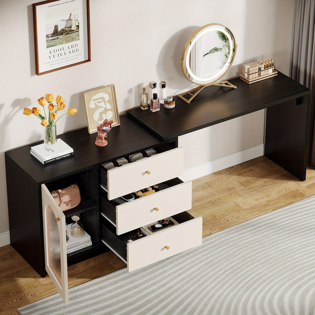 BYBLIGHT Modern Makeup Vanity with Retractable Large Desk, 3 Drawers & Cabinet, 27\