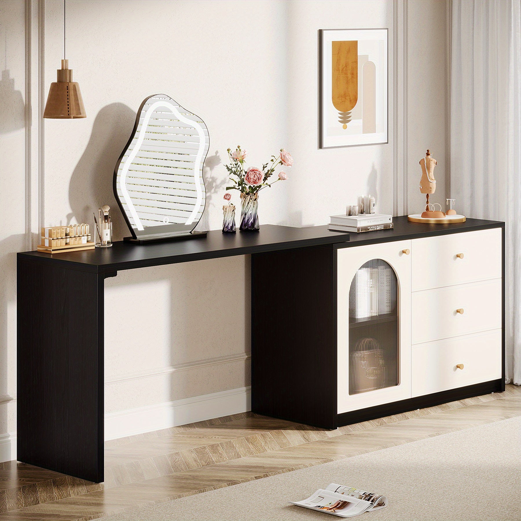 BYBLIGHT Modern Makeup Vanity with Retractable Large Desk, 3 Drawers & Cabinet, 27\