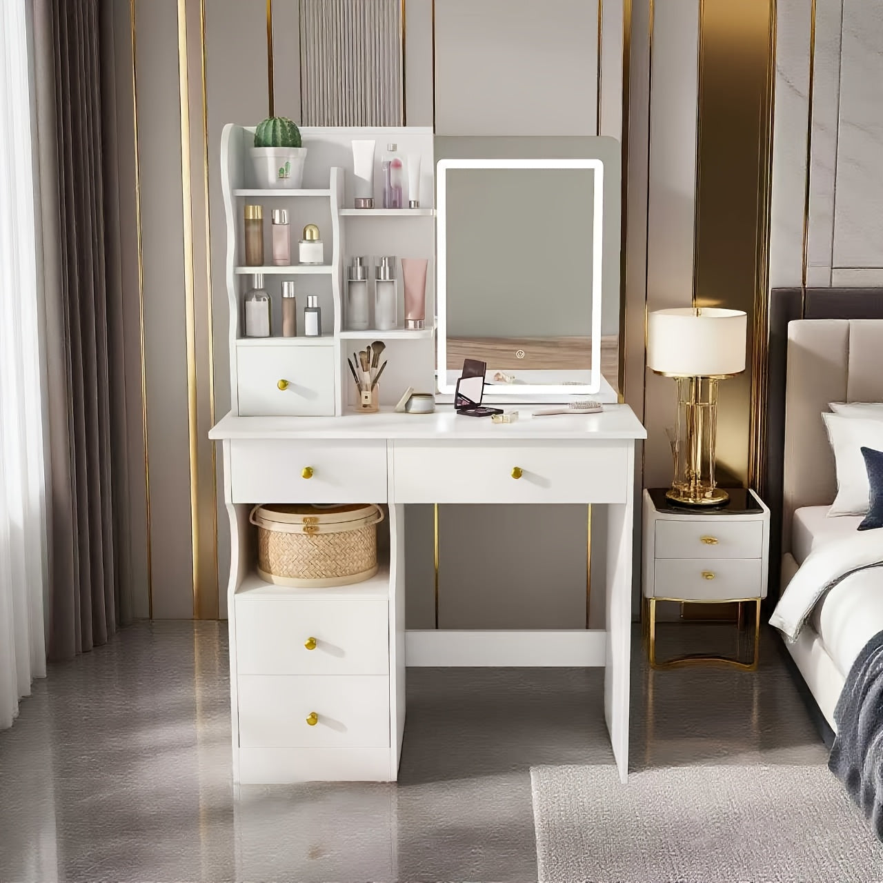 White Dressing Table, Mirror And LED Light, 5-drawer Dressing Table, Movable And Hidden Mirror, 3-color Mode Touch Screen, Storage Organizer For Women'S And Girls' Bedrooms