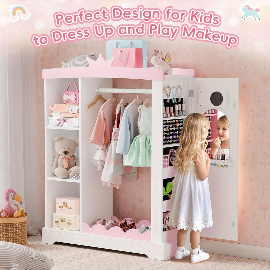 Kids Armoire with Jewelry Cabinet, Dress up Storage with Mirror and Shelves, Princess Dress Closet and Costumes Wardrobe Closet, Costume Organizer for Bedroom, Kids Room, Girls