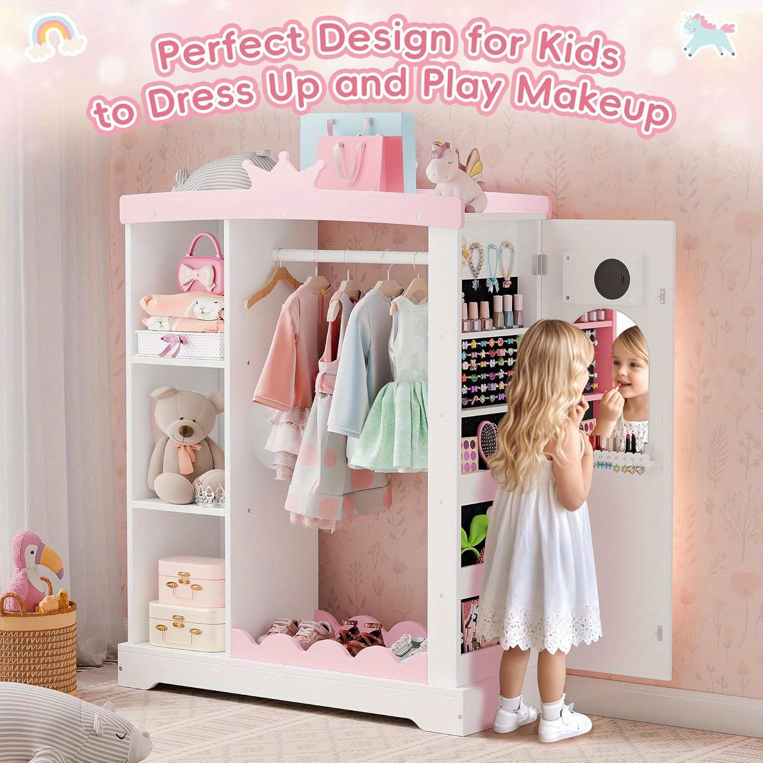 Kids Armoire with Jewelry Cabinet, Dress up Storage with Mirror and Shelves, Princess Dress Closet and Costumes Wardrobe Closet, Costume Organizer for Bedroom, Kids Room, Girls