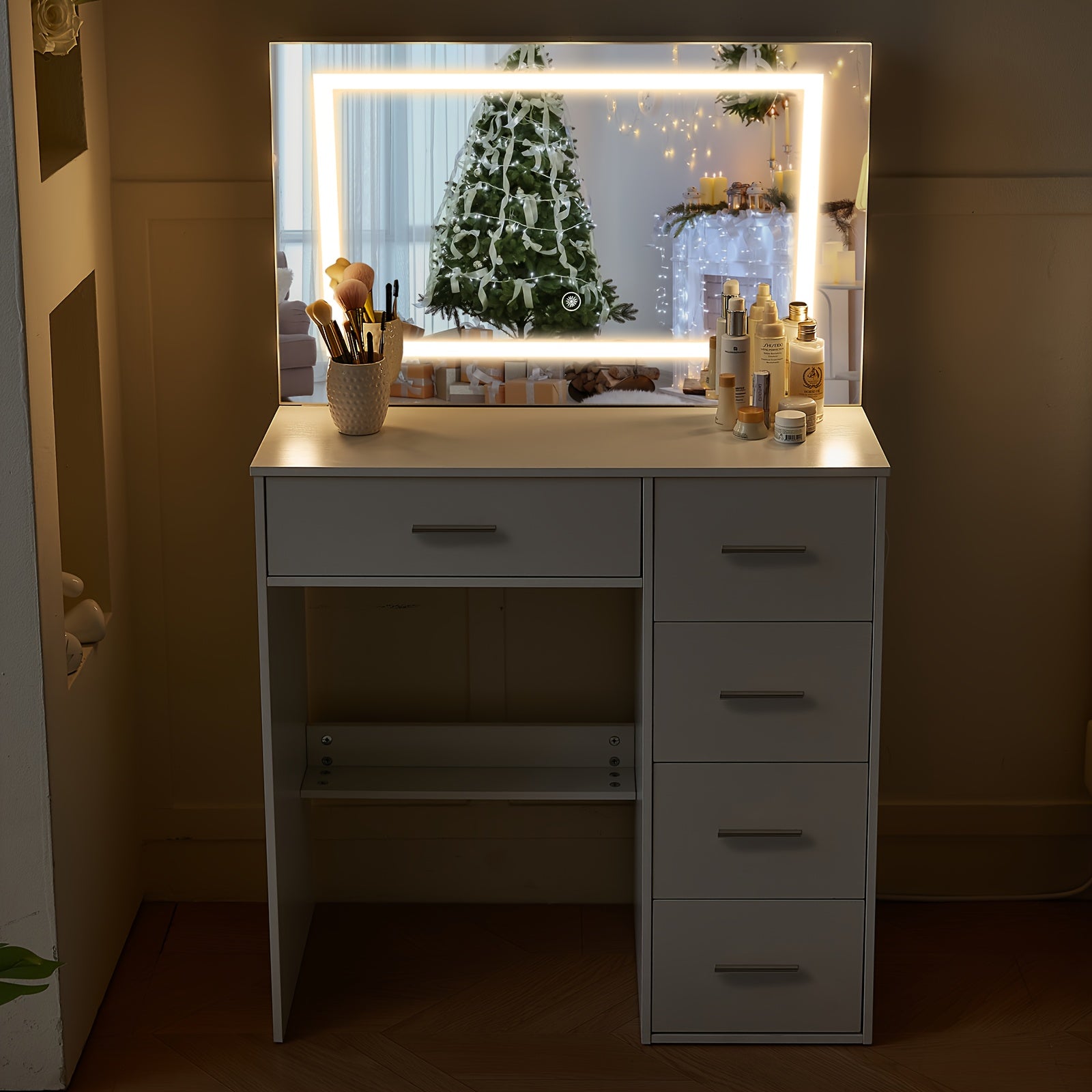 31.5inch White Vanity Table Makeup Dressing Desk with Large HD Lighted Mirror, 5 Drawers, Adjust Modes & Dimmable, Dressing Table with LED Mirror for Girls Bedroom Furniture