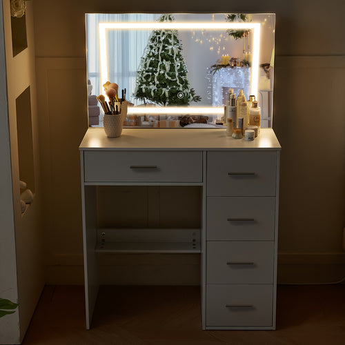 31.5inch White Vanity Table Makeup Dressing Desk with Large HD Lighted Mirror, 5 Drawers, Adjust Modes & Dimmable, Dressing Table with LED Mirror for Girls Bedroom Furniture