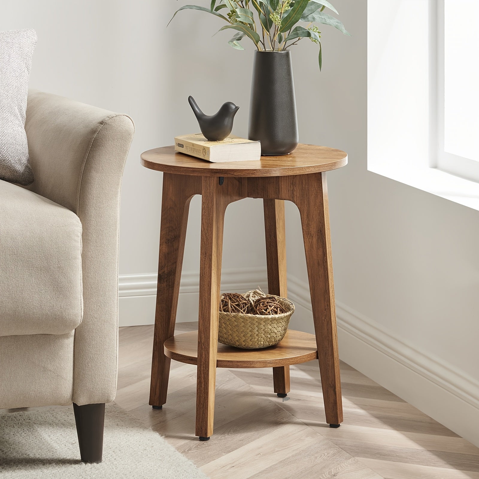 Pet-Friendly Modern Round End Table with Storage Shelf - Space-Saving Nightstand with Lower Open Shelf