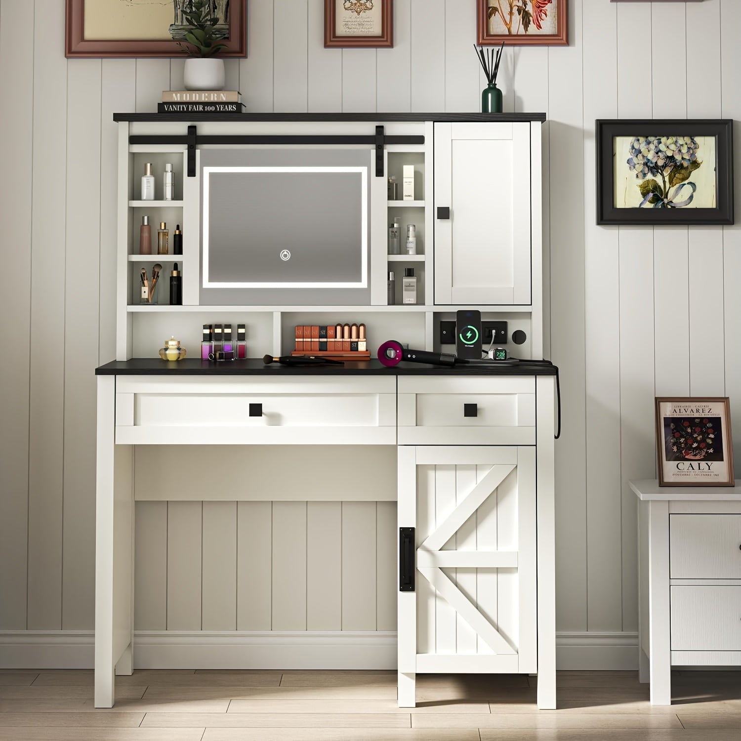 Modern Farmhouse White Makeup Vanity with Lighted Mirror & Charging Station, Adjustable Shelves & Drawers, Glass & Wood Construction, 3.2 Cu Ft Storage, 27\