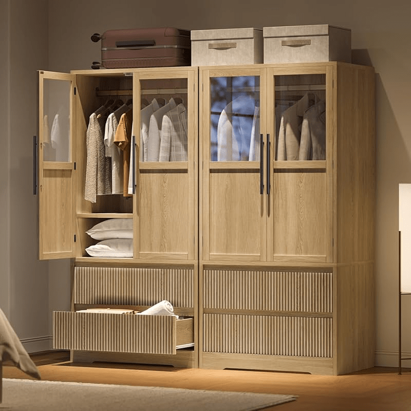 Bedroom Armoire Wardrobe Closet, Wardrobe Armoire Cabinet with Doors and 2 Drawers, Freestanding Armoire with ShelvesHanging Rod for Bedroom, Living Room, Clothes, Natural